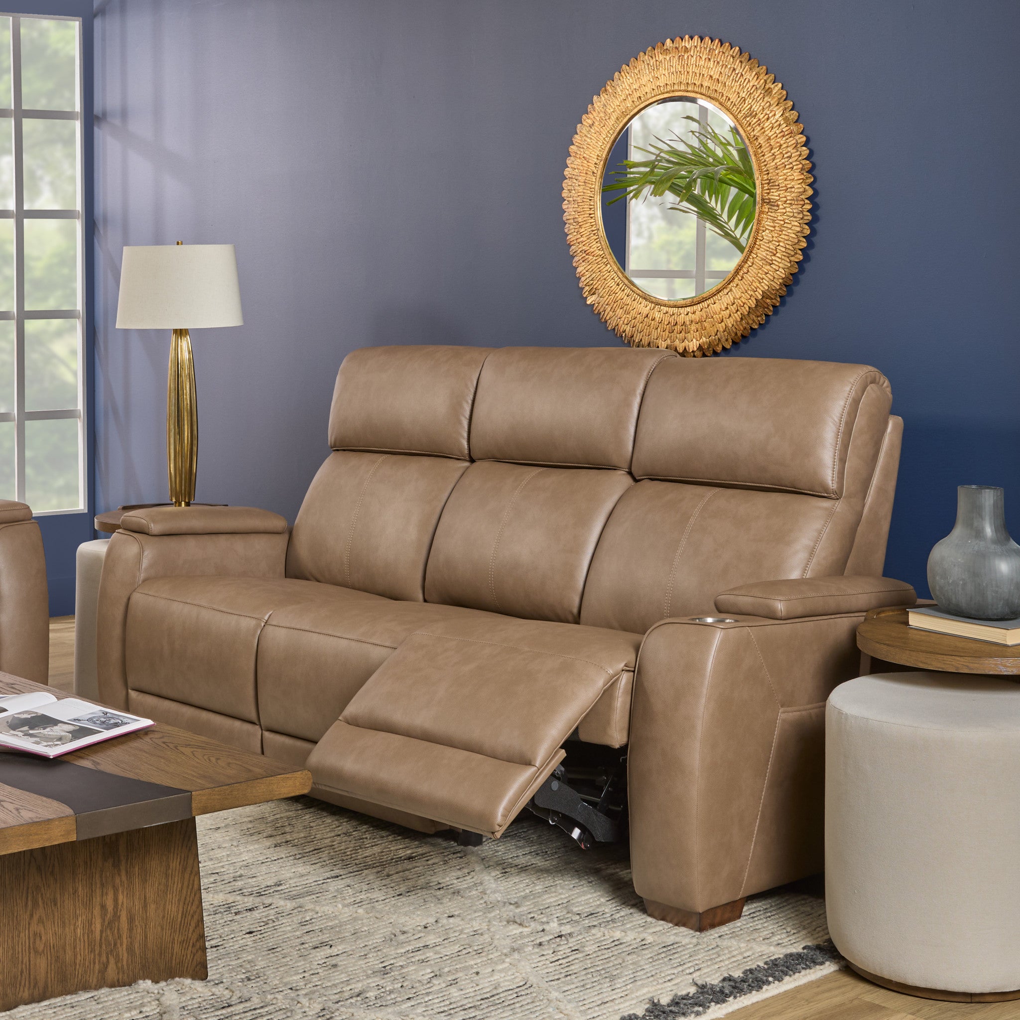Vibe Taupe Fabric Power Reclining Sofa with Console, Power Headrest, Lumbar, Heat, Massage & Pulse