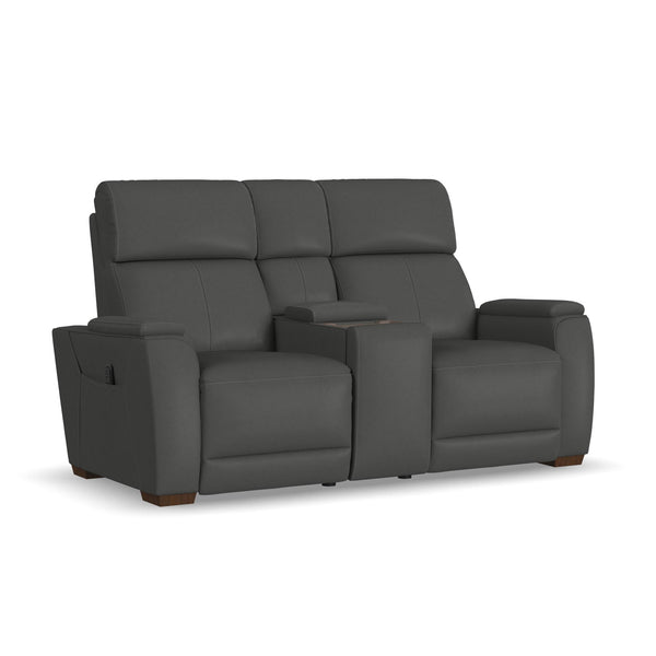 Vibe Coal Fabric Power Reclining Loveseat with Console, Power Headrest, Lumbar, Heat, Massage & Pulse
