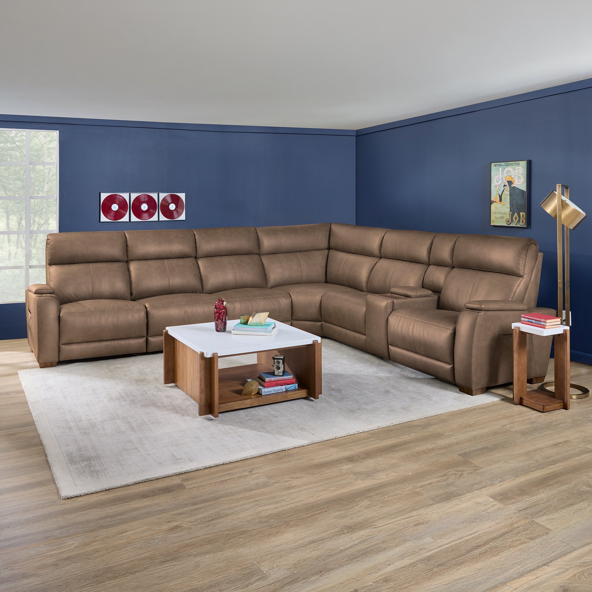 Vibe Taupe Leather Power Reclining Sectional with Power Headrest, Lumbar, Heat, Massage & Pulse