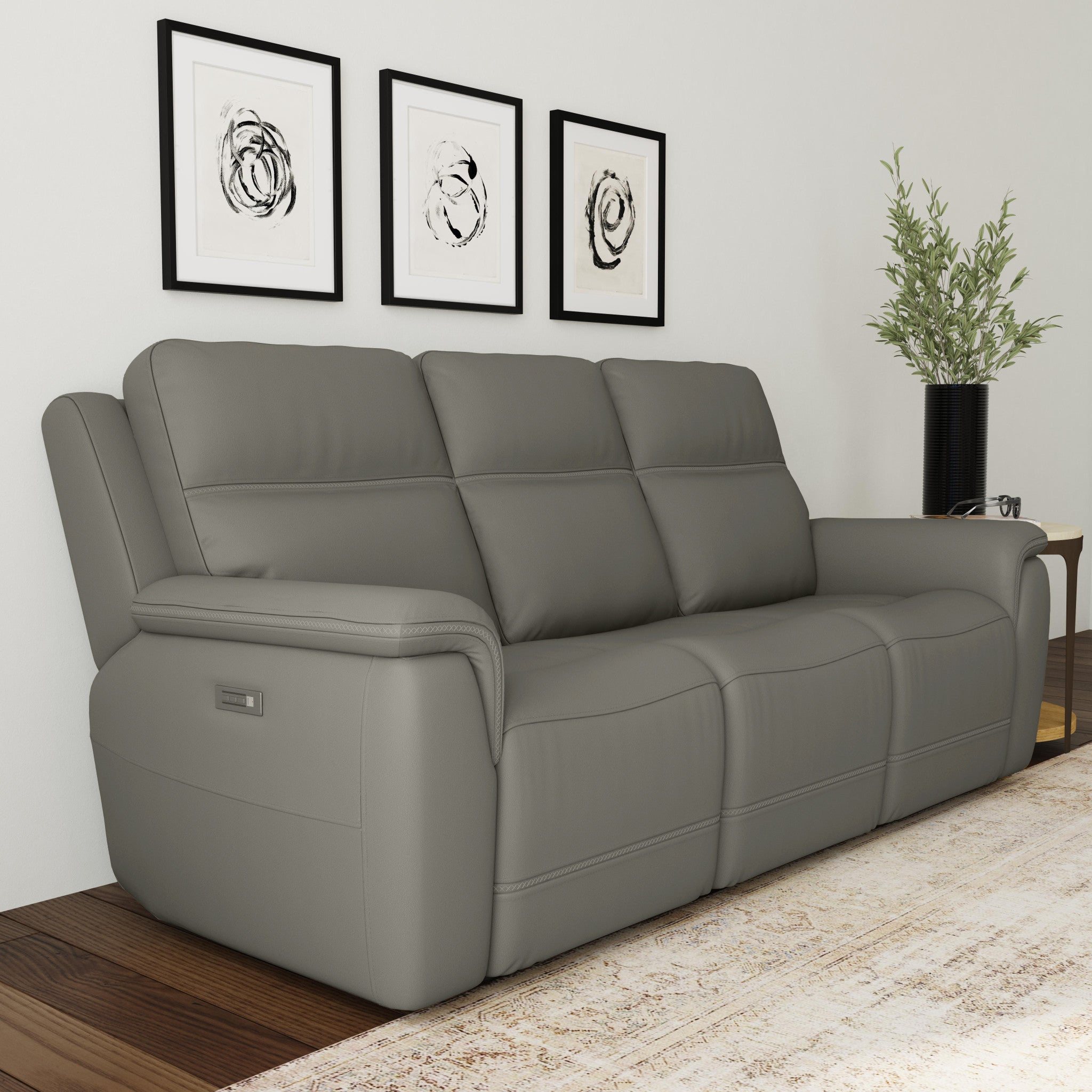 Sawyer Grey Leather Power Reclining Sofa with Power Headrests & Lumbar