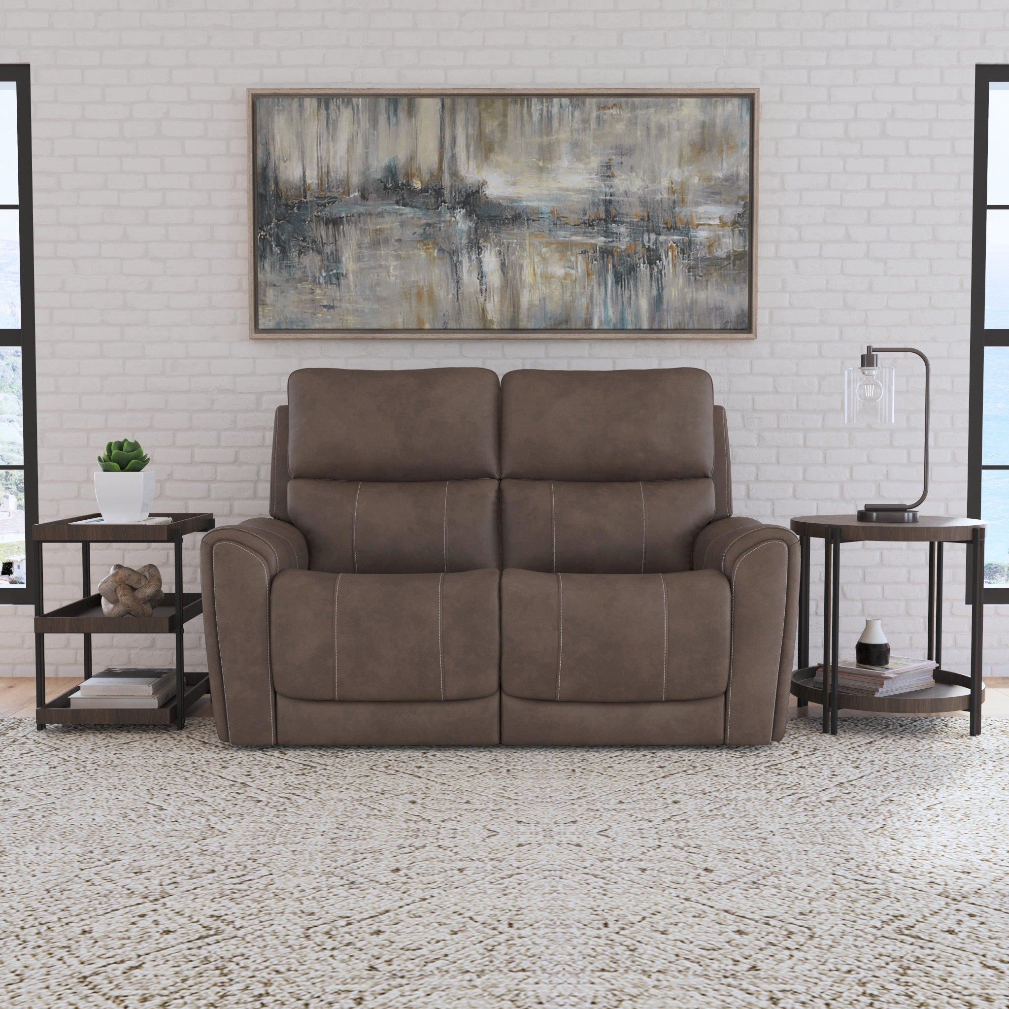 Calvin Cuppuccino Fabric Power Reclining Loveseat with Power Headrests & Lumbar - Living Room Furniture
