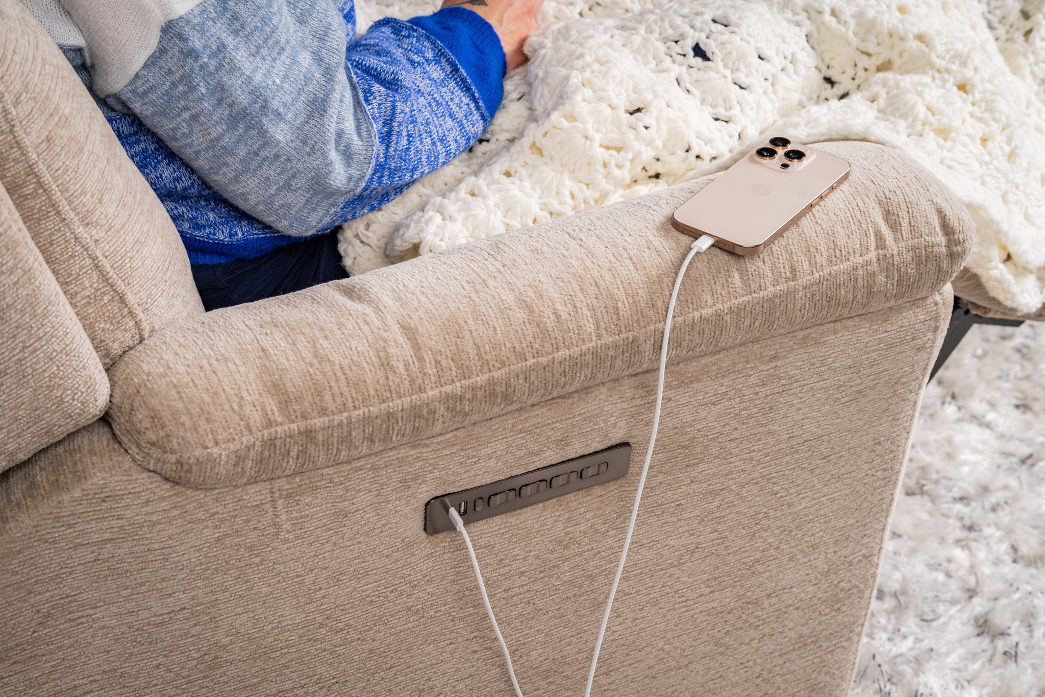 Sophisticated Fabric Power Swivel Gliding Recliner with Power Headrest & Lumbar