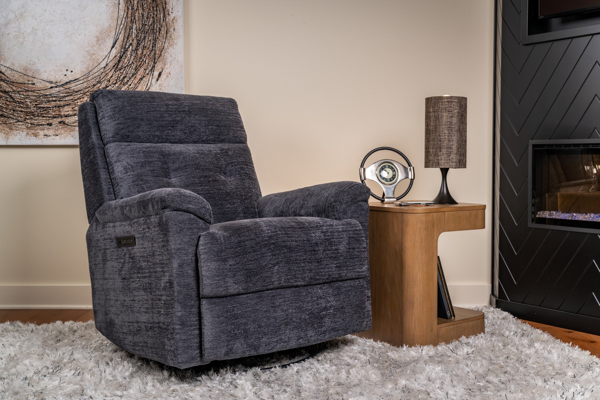 Sophisticated Fabric Power Swivel Gliding Recliner with Power Headrest & Lumbar