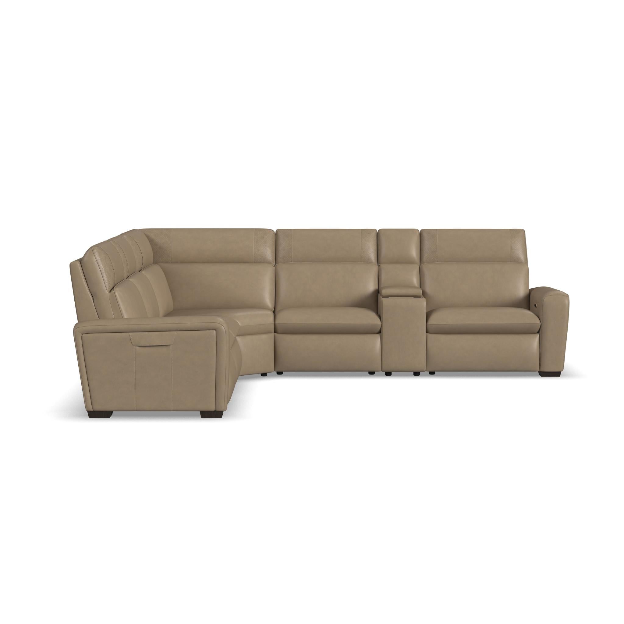 Sense Greige Leather Power Reclining Sectional with Power Headrest, Lumbar & Pulse