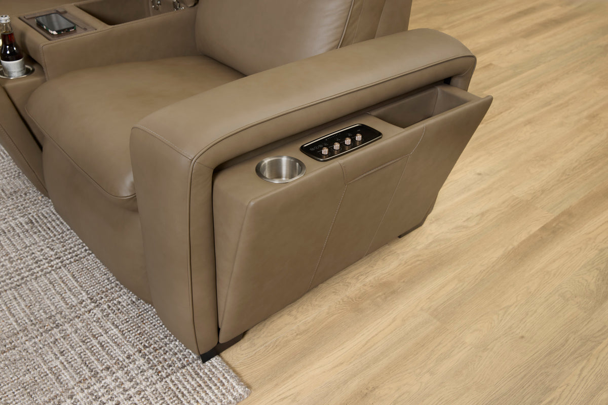 Sense Greige Leather Power Reclining Sectional with Power Headrest, Lumbar & Pulse