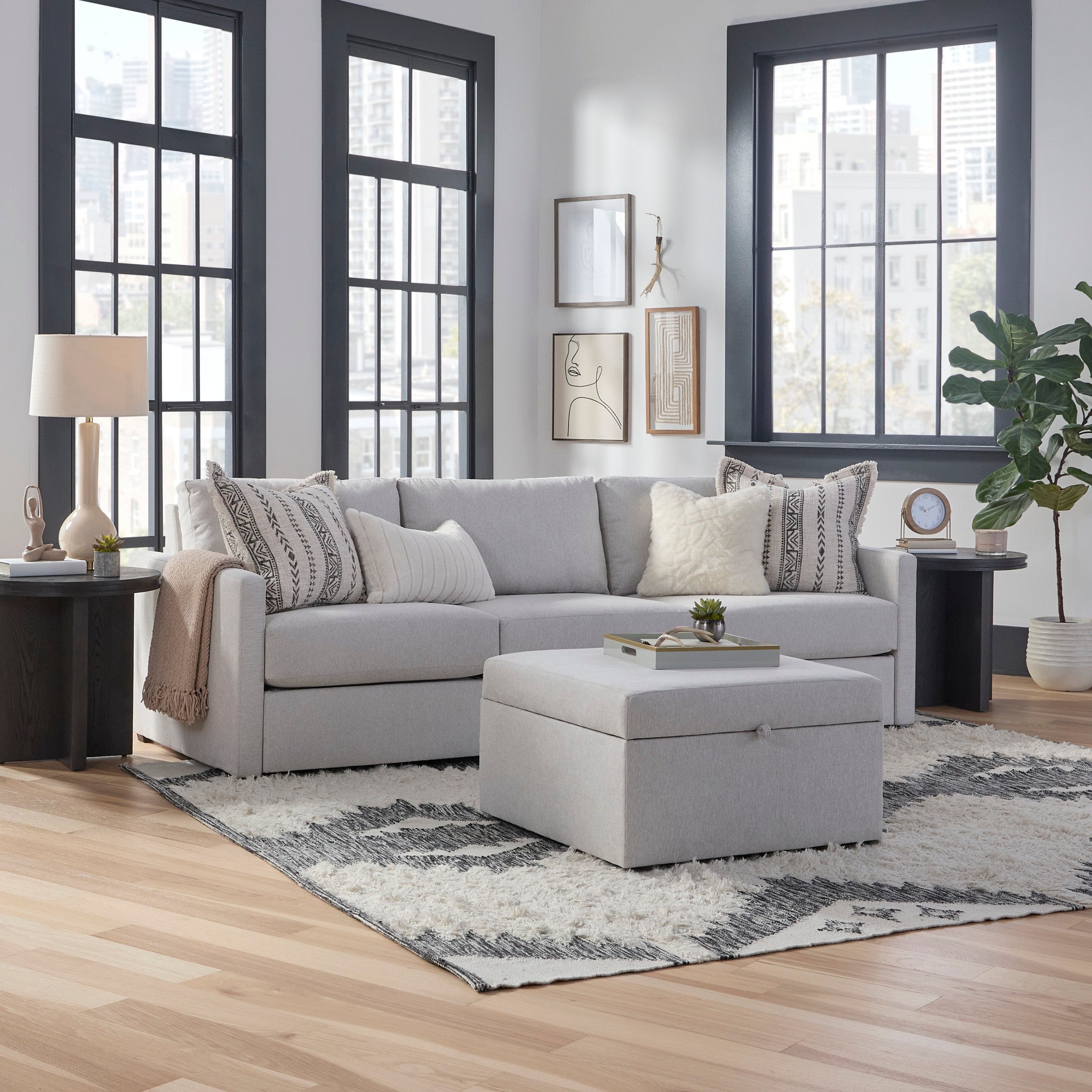 Flex Frost Fabric Sofa with Narrow Arm and Storage Ottoman