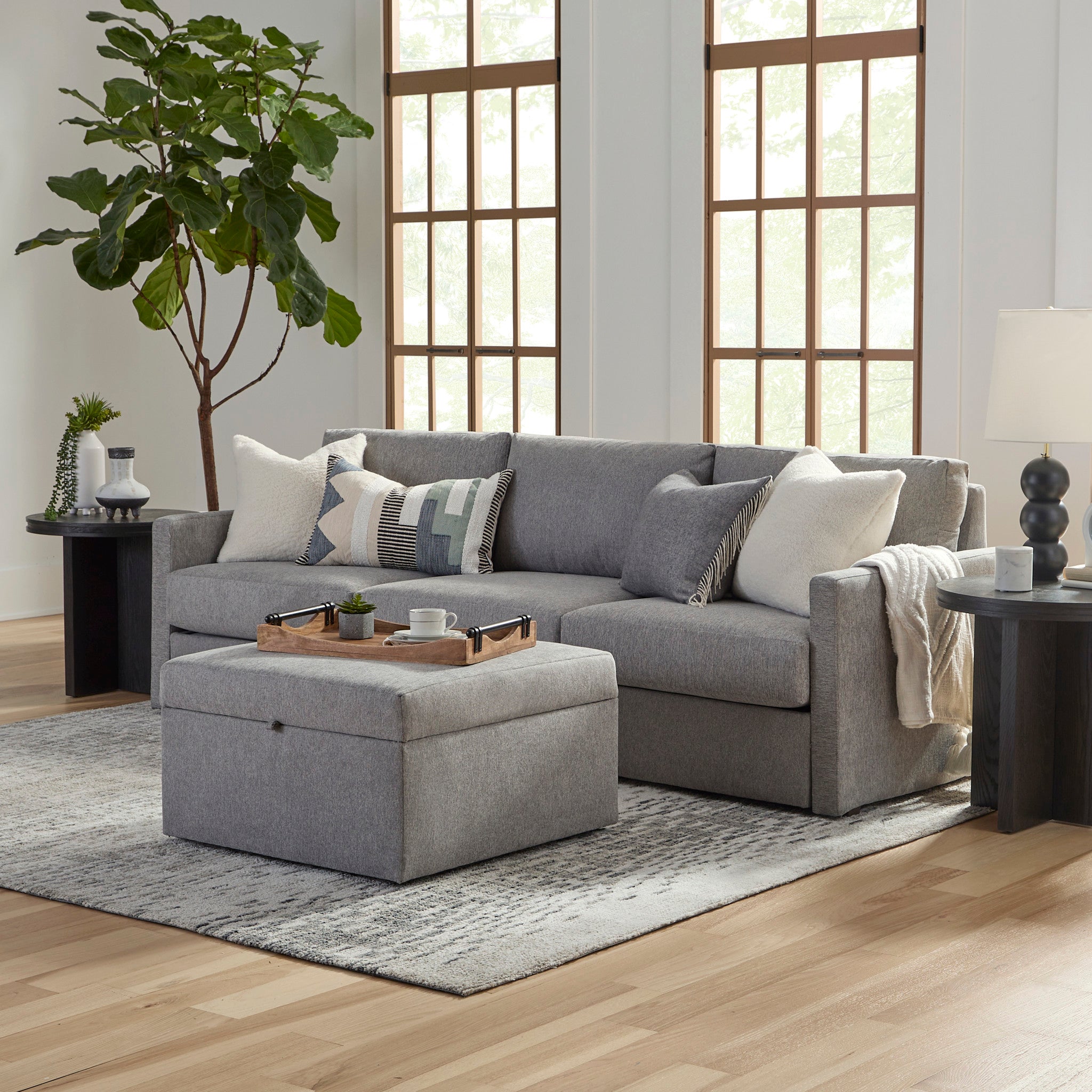 Flex Pebble Fabric Sofa with Narrow Arm and Storage Ottoman