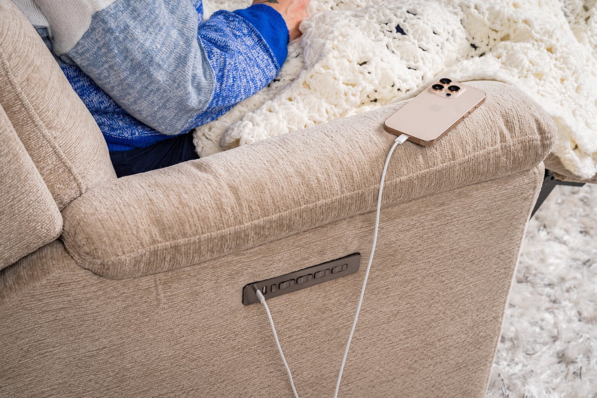 Sophisticated Oat Fabric Perfect Match Power Swivel Gliding Recliner with Power Headrest & Lumbar