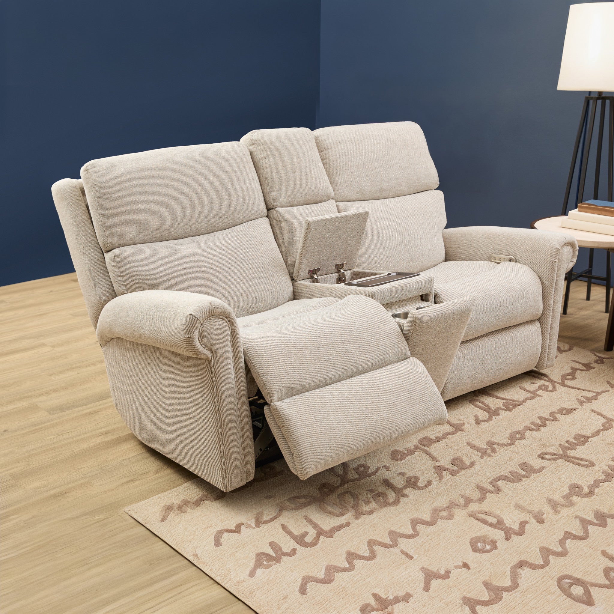 Bernard Fabric Power Reclining Loveseat with Console, Power Headrest, & Lumbar