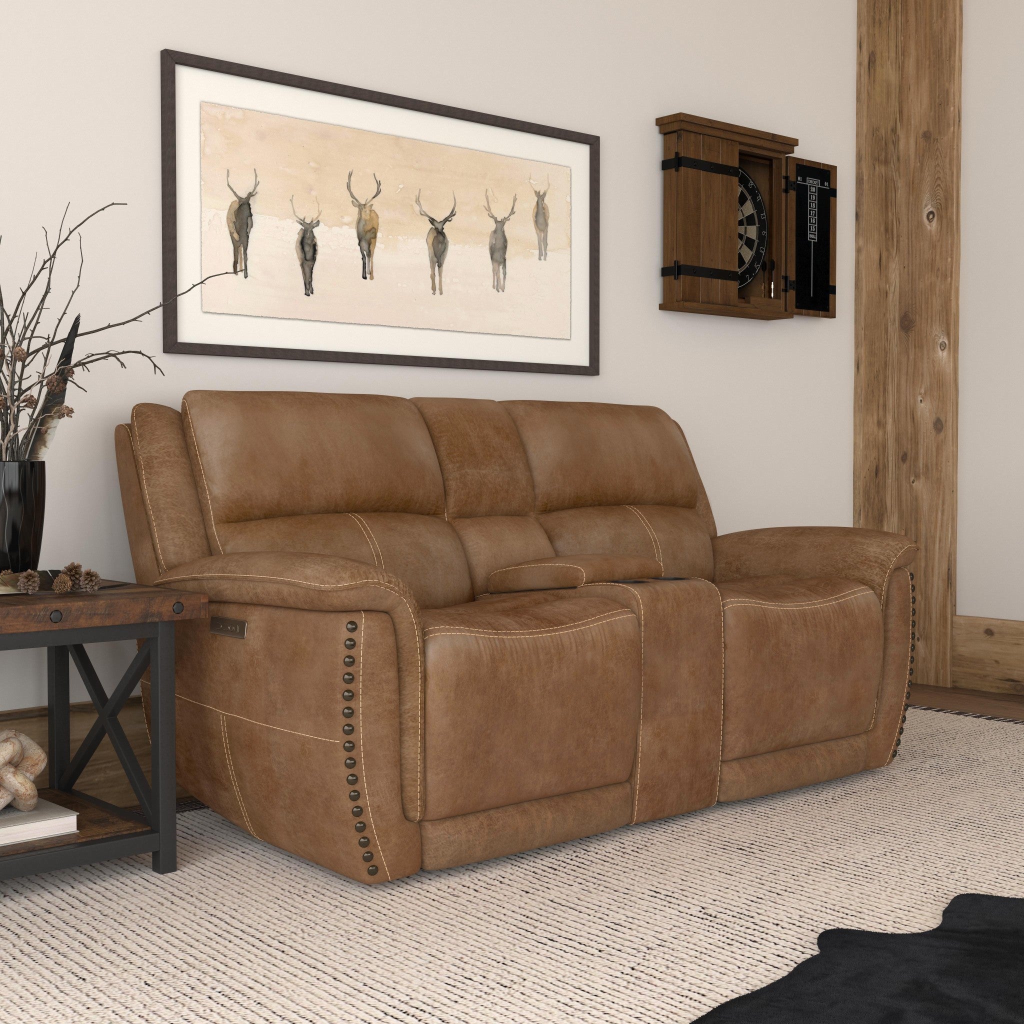 Beau Silt Fabric Power Reclining Loveseat with Console & Power Headrests