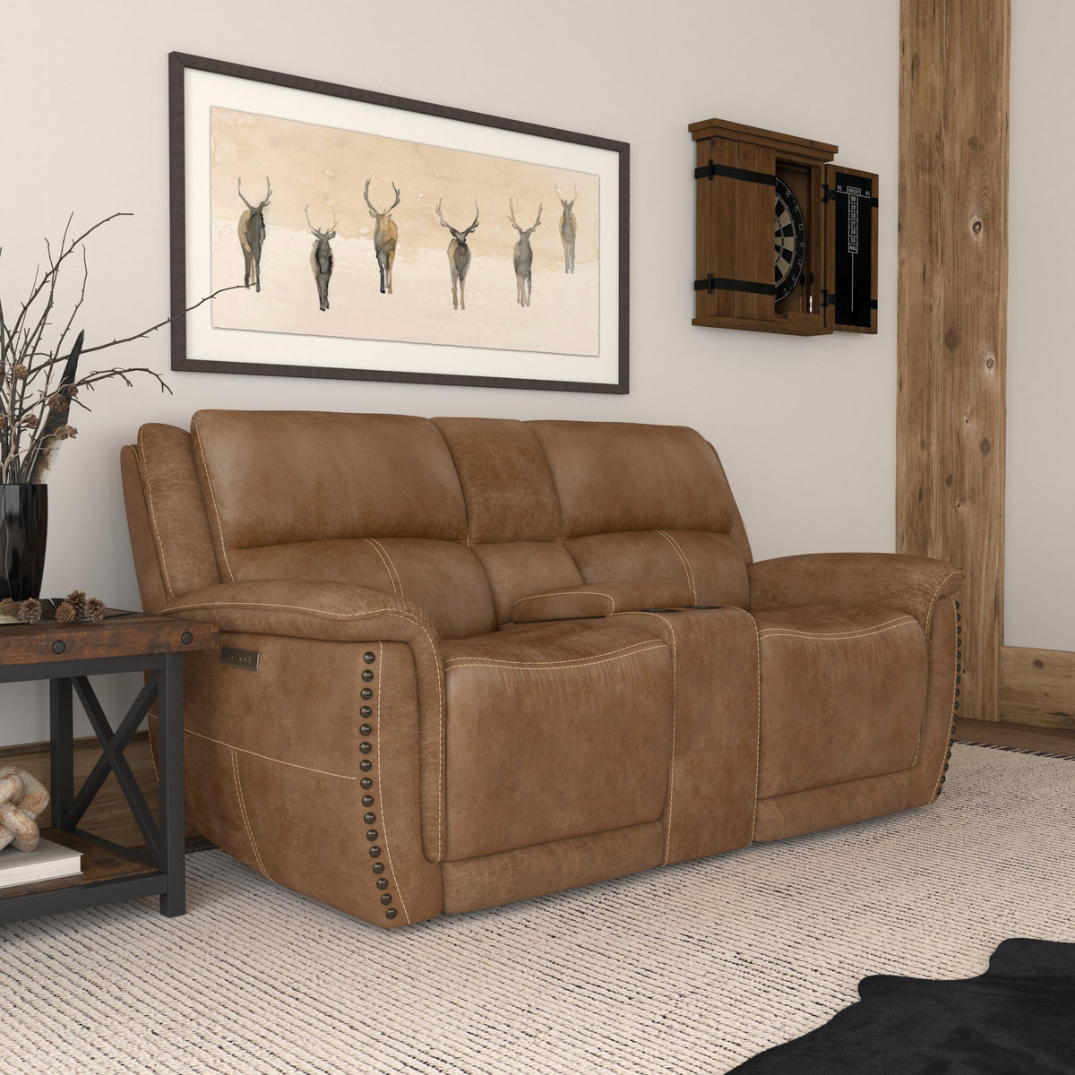 Beau Silt Fabric Power Reclining Loveseat with Console & Power Headrests