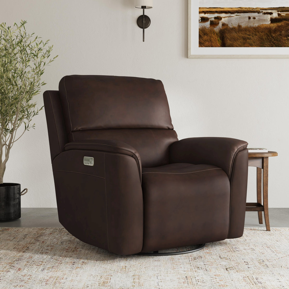 Henry Leather Power Swivel Gliding Recliner with Power Headrest, Lumbar, Heat & Massage