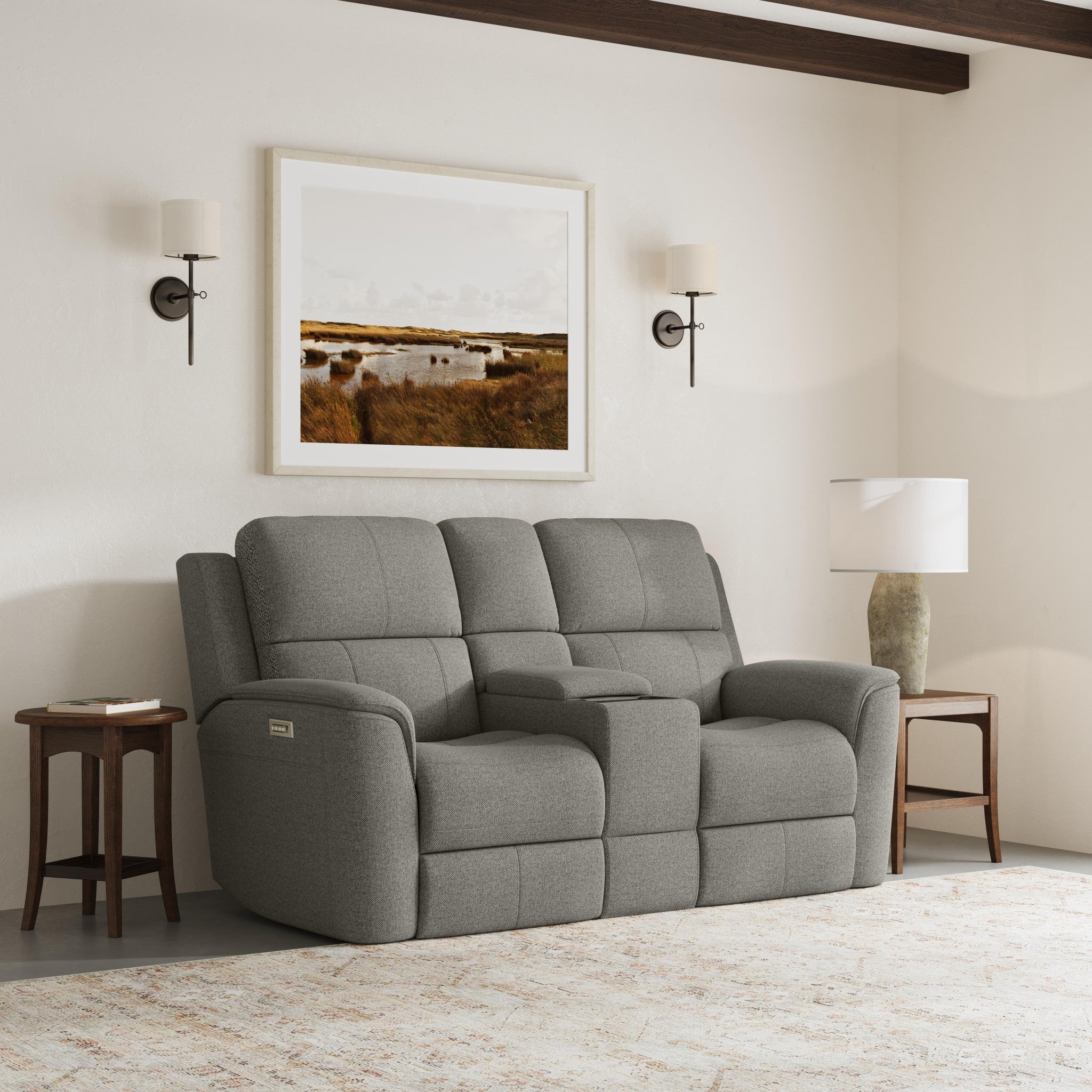 Henry Fog Fabric Power Reclining Loveseat with Console & Power Headrests & Lumbar