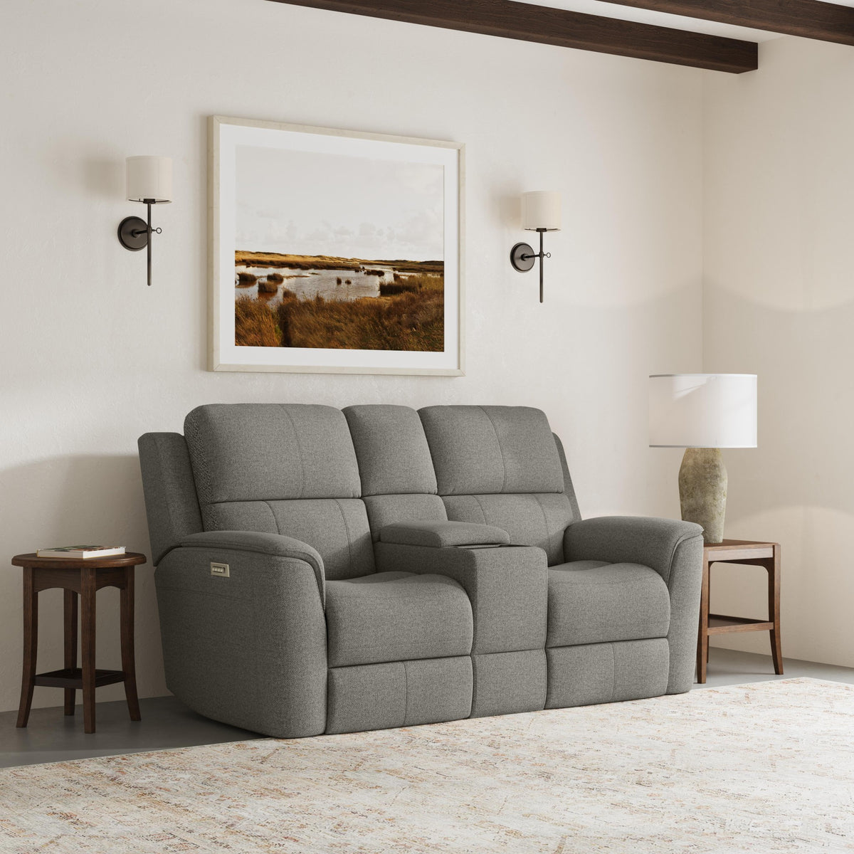 Henry Fabric Power Reclining Loveseat with Console & Power Headrests & Lumbar