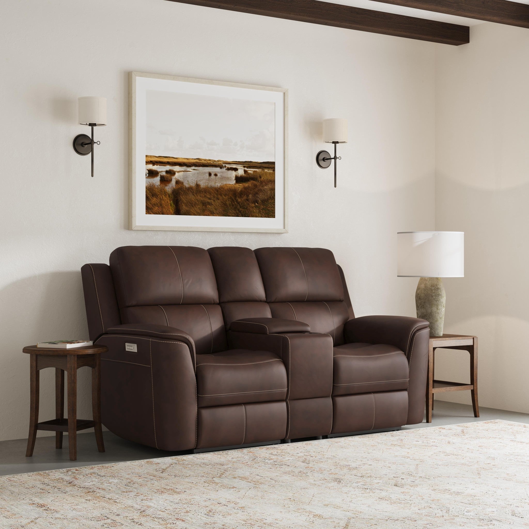 Henry Leather Power Reclining Loveseat with Console & Power Headrests & Lumbar