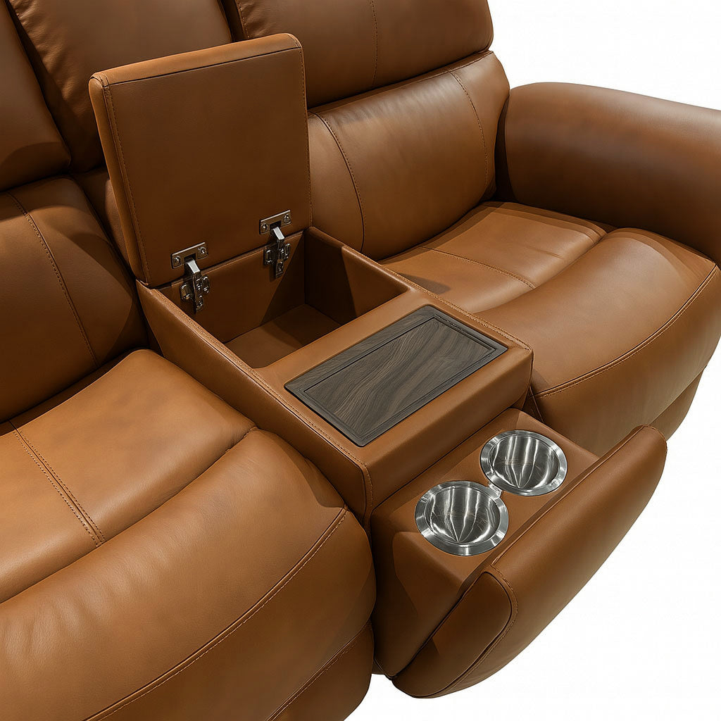 Henry Caramel Leather Power Reclining Loveseat with Console & Power Headrests & Lumbar