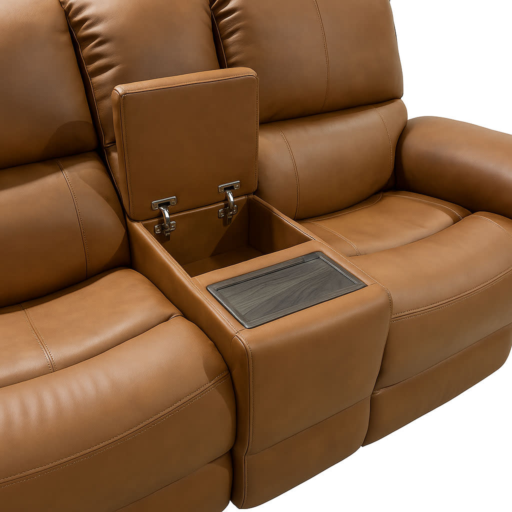 Henry Caramel Leather Power Reclining Loveseat with Console & Power Headrests & Lumbar