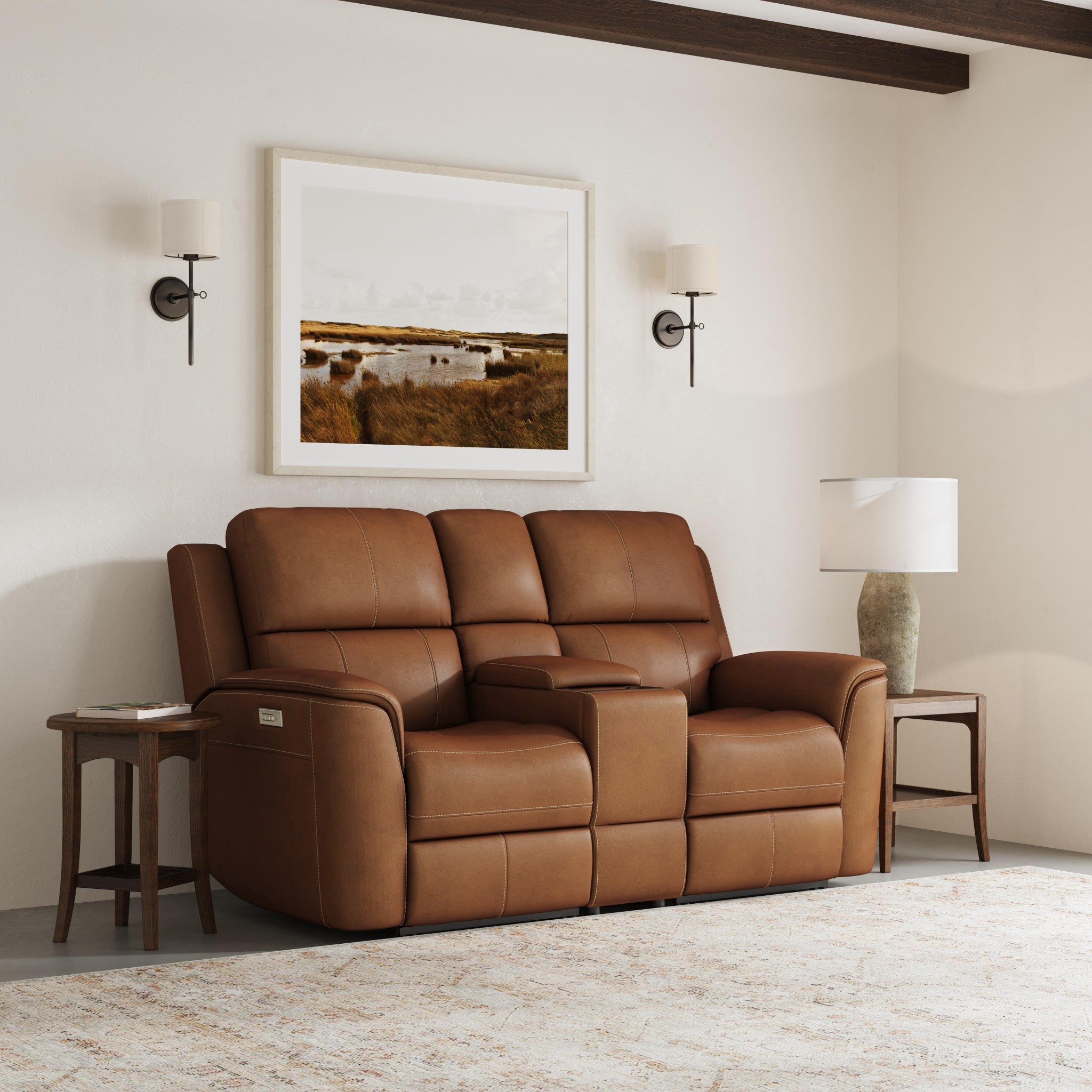 Henry Leather Power Reclining Loveseat with Console & Power Headrests & Lumbar