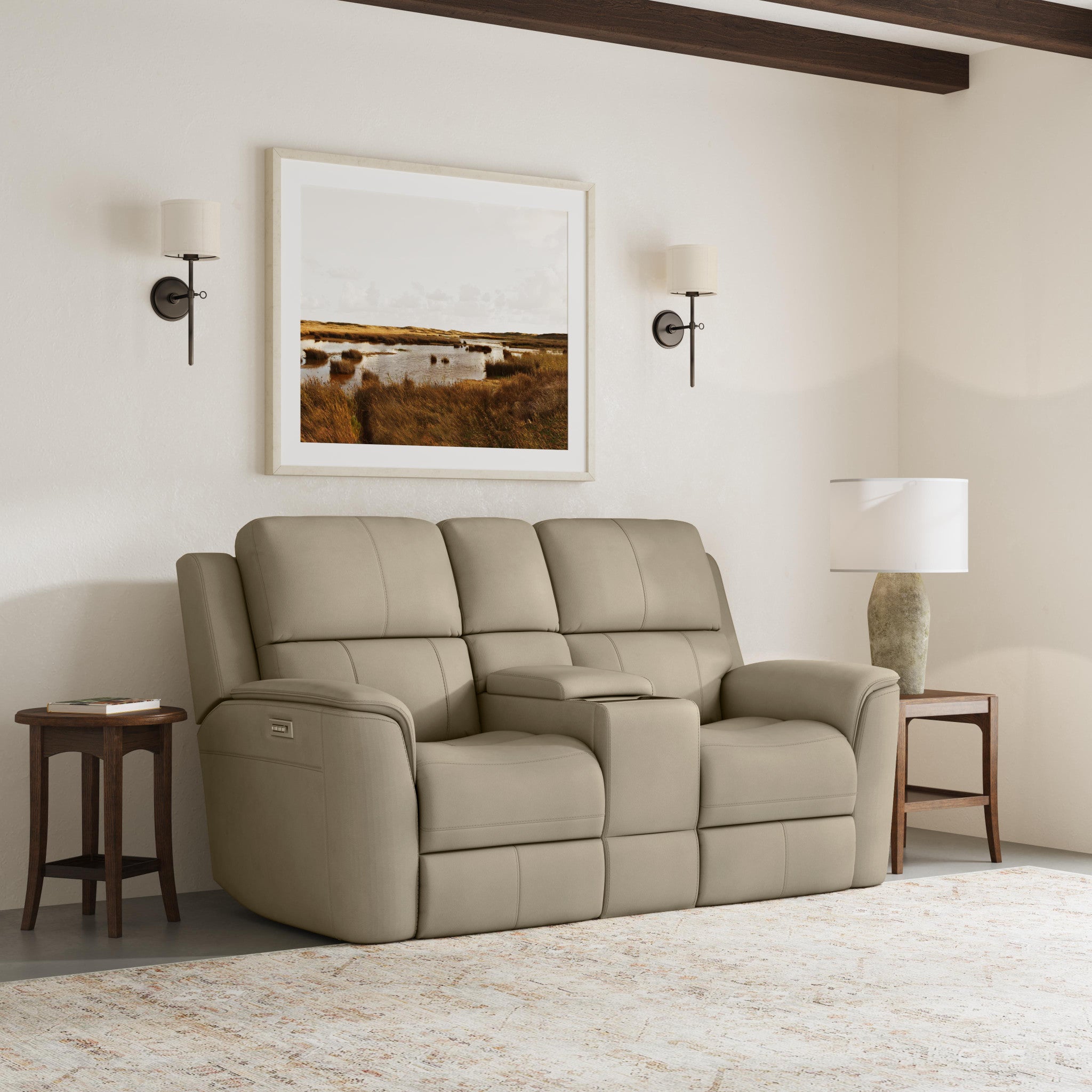 Henry Beige Leather Power Reclining Loveseat with Console & Power Headrests & Lumbar