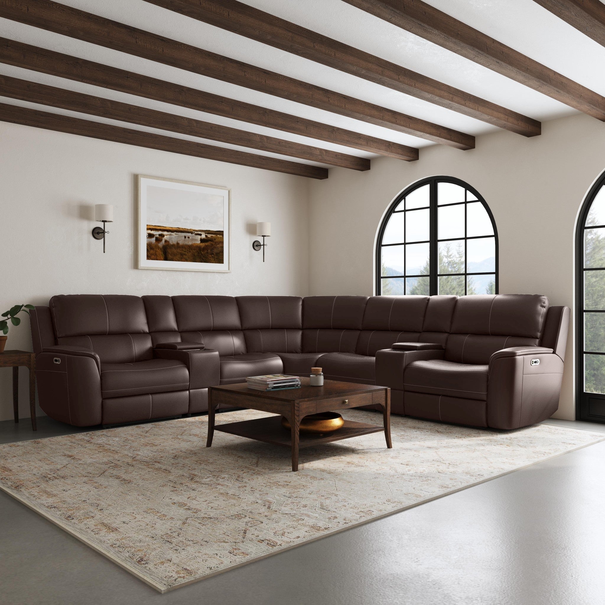 Henry Burnt Umber Leather Power Reclining Sectional with Power Headrest & Lumbar