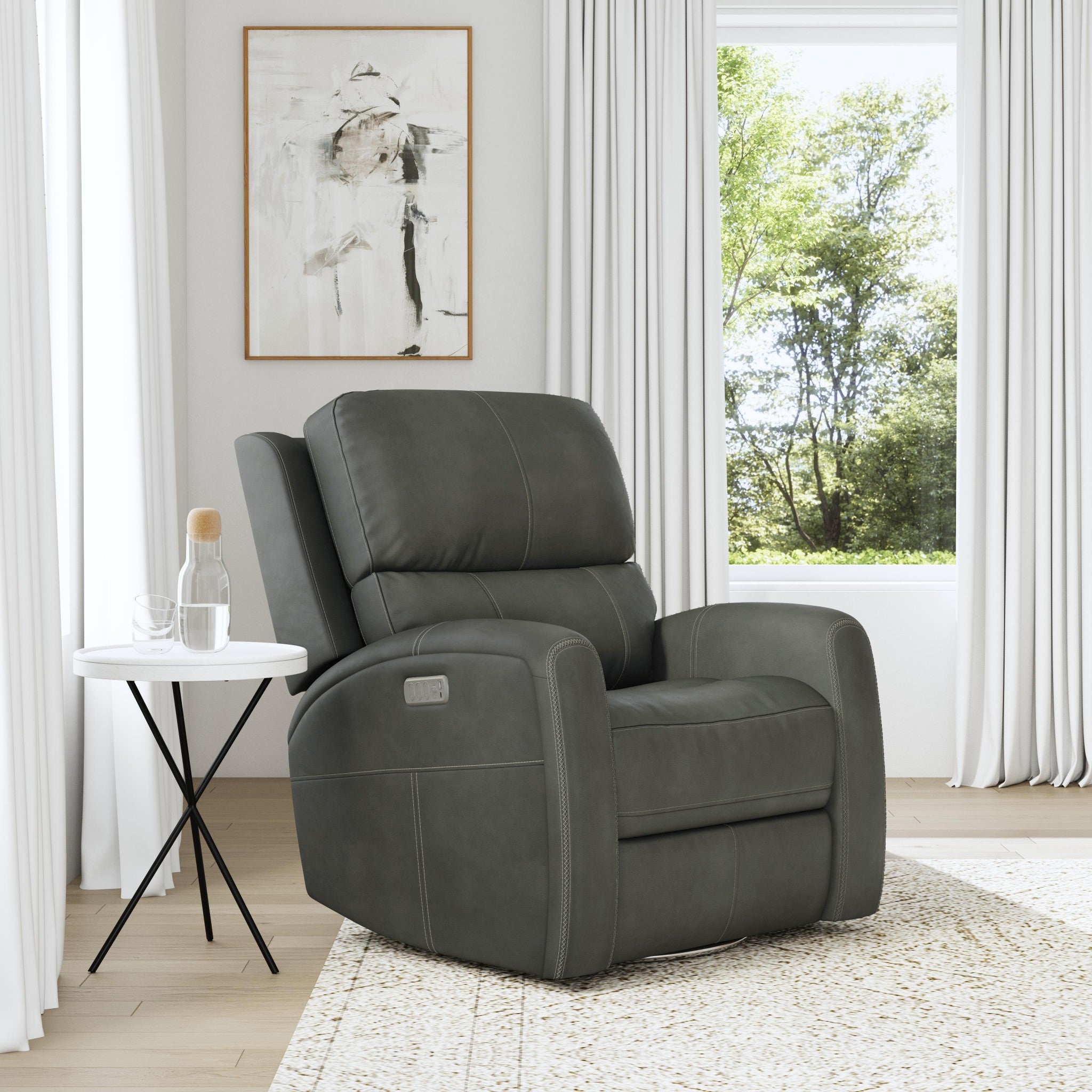 Linden Leather Power Swivel Gliding Recliner with Power Headrest, Lumbar, Heat & Massage
