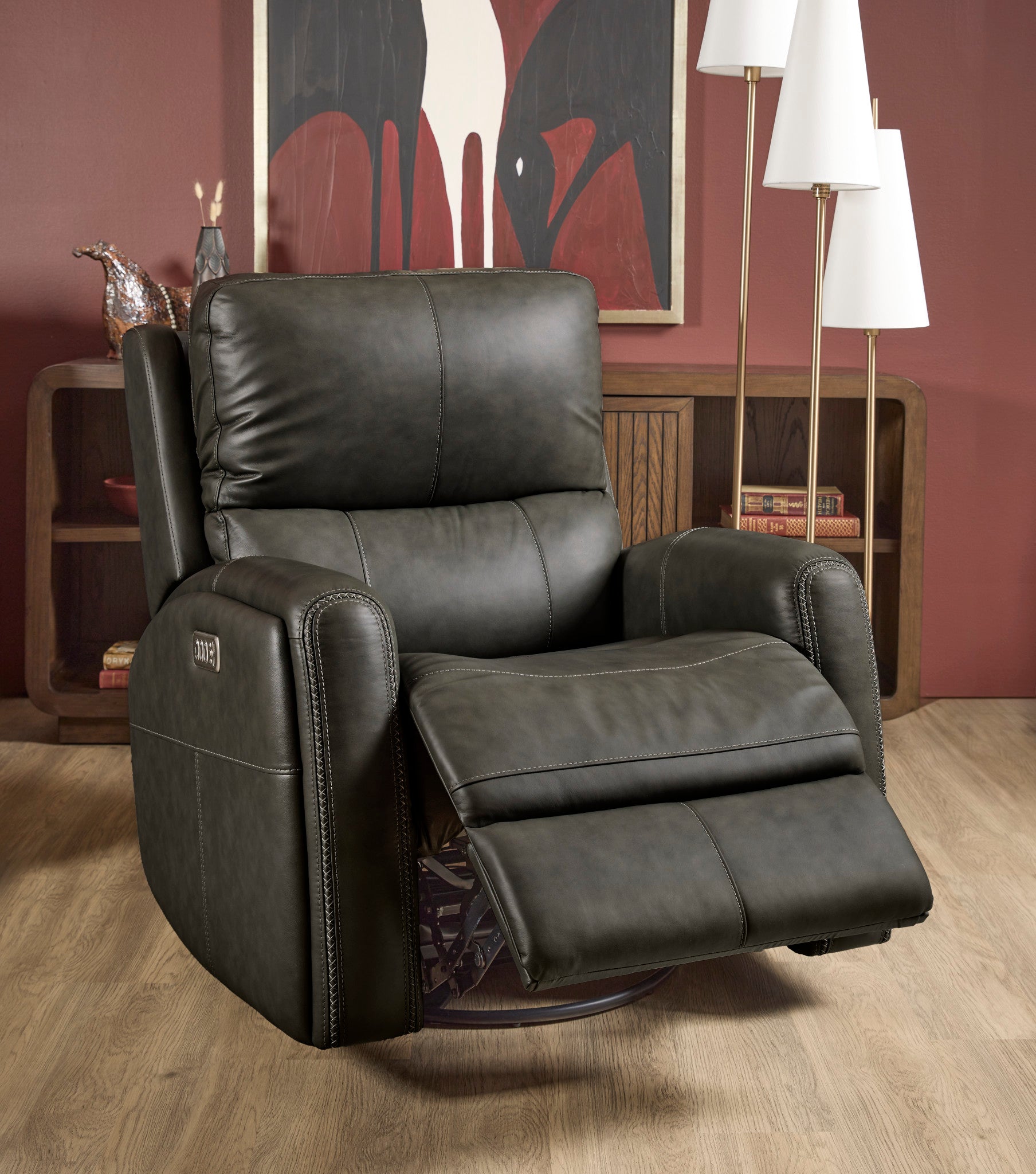 Linden Leather Power Swivel Gliding Recliner with Power Headrest, Lumbar, Heat & Massage