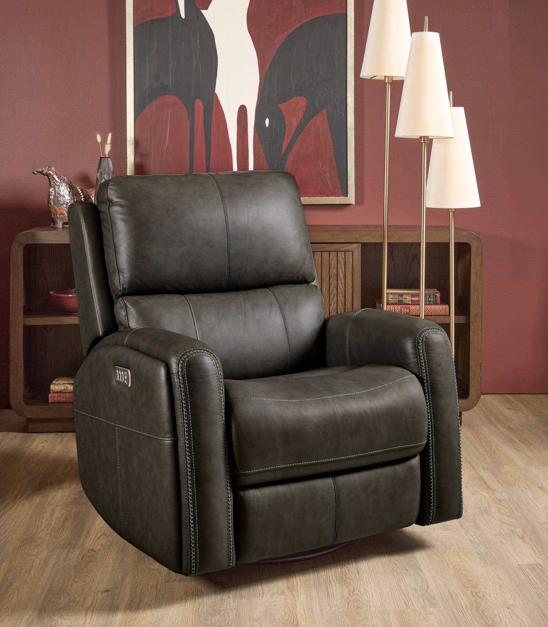 Linden Leather Power Swivel Gliding Recliner with Power Headrest, Lumbar, Heat & Massage