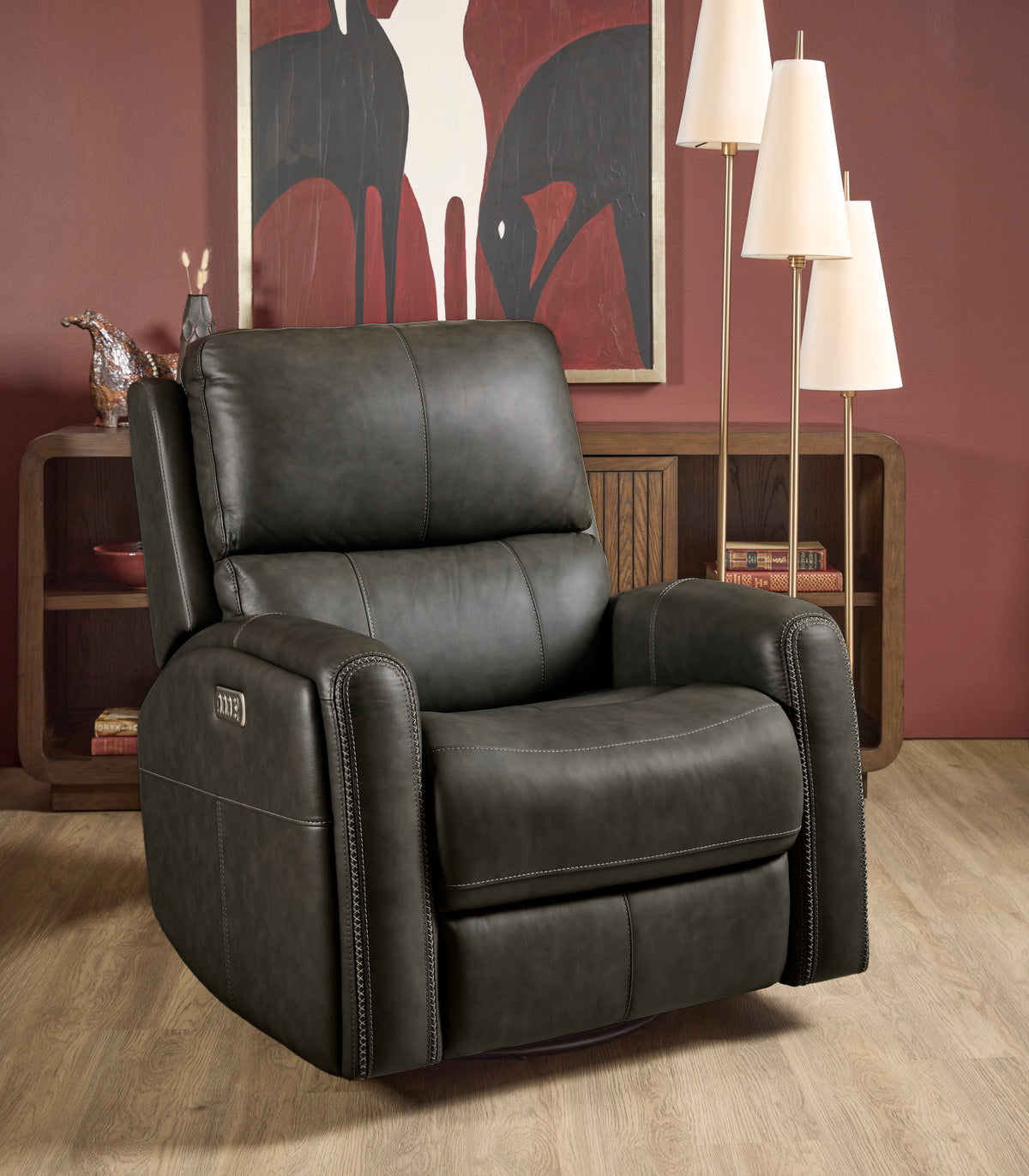 Linden Leather Power Swivel Gliding Recliner with Power Headrest, Lumbar, Heat & Massage