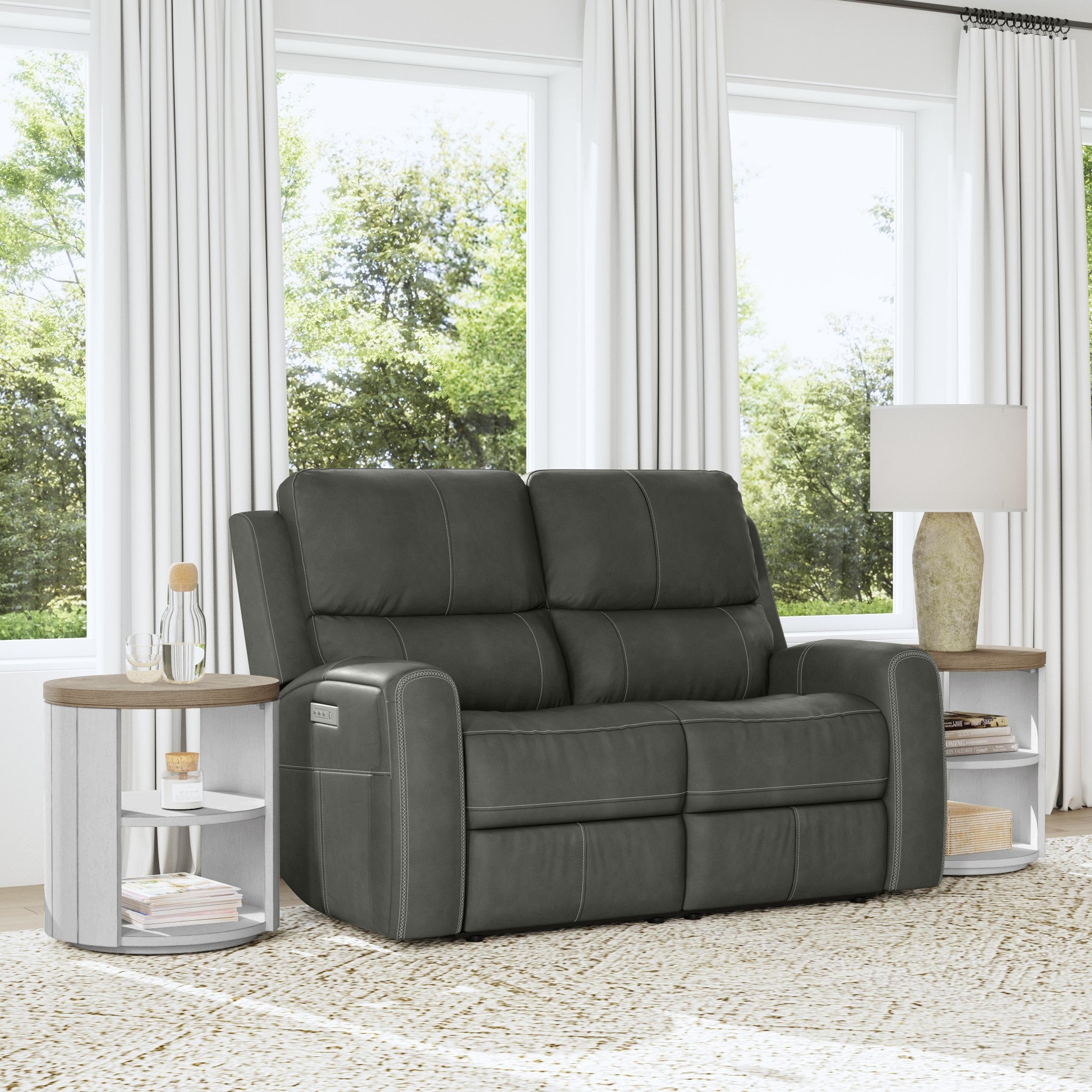 Linden Charcoal Leather Power Reclining Loveseat with Power Headrests & Lumbar