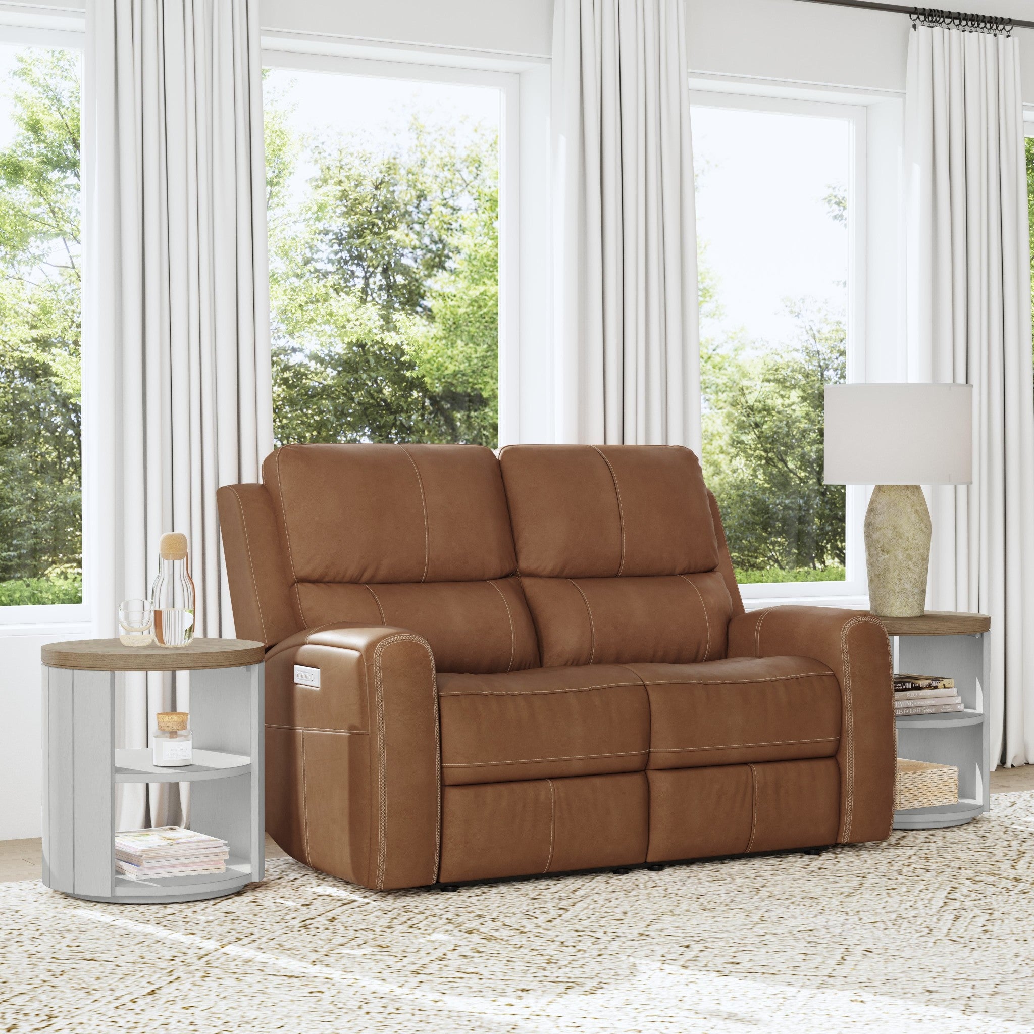 Linden Caramel Leather Power Reclining Loveseat with Power Headrests & Lumbar