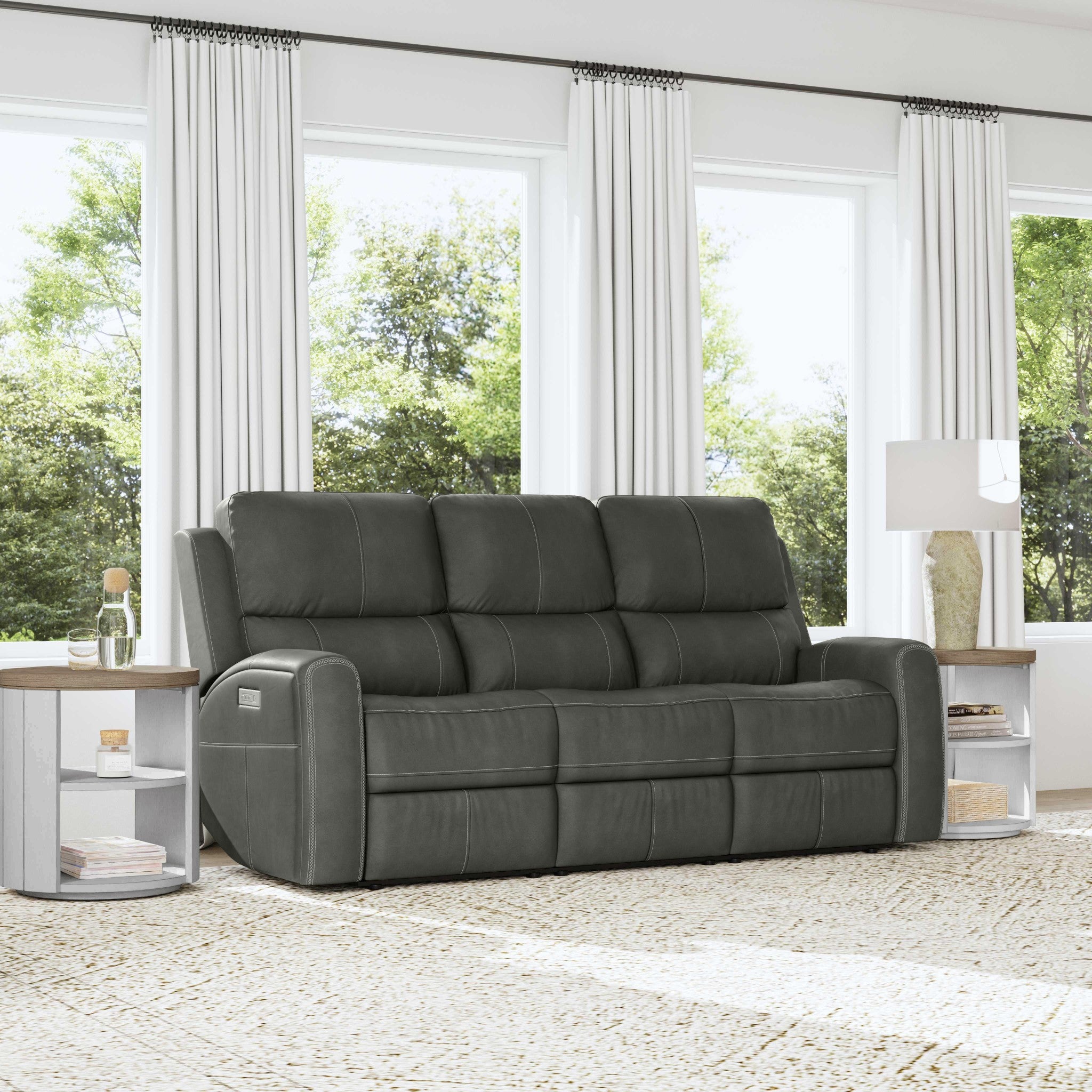 Linden Charcoal Leather Power Reclining Sofa with Power Headrests & Lumbar