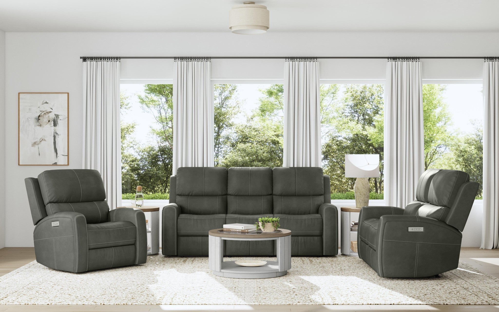 Linden Charcoal Leather Power Reclining Sofa with Power Headrests & Lumbar