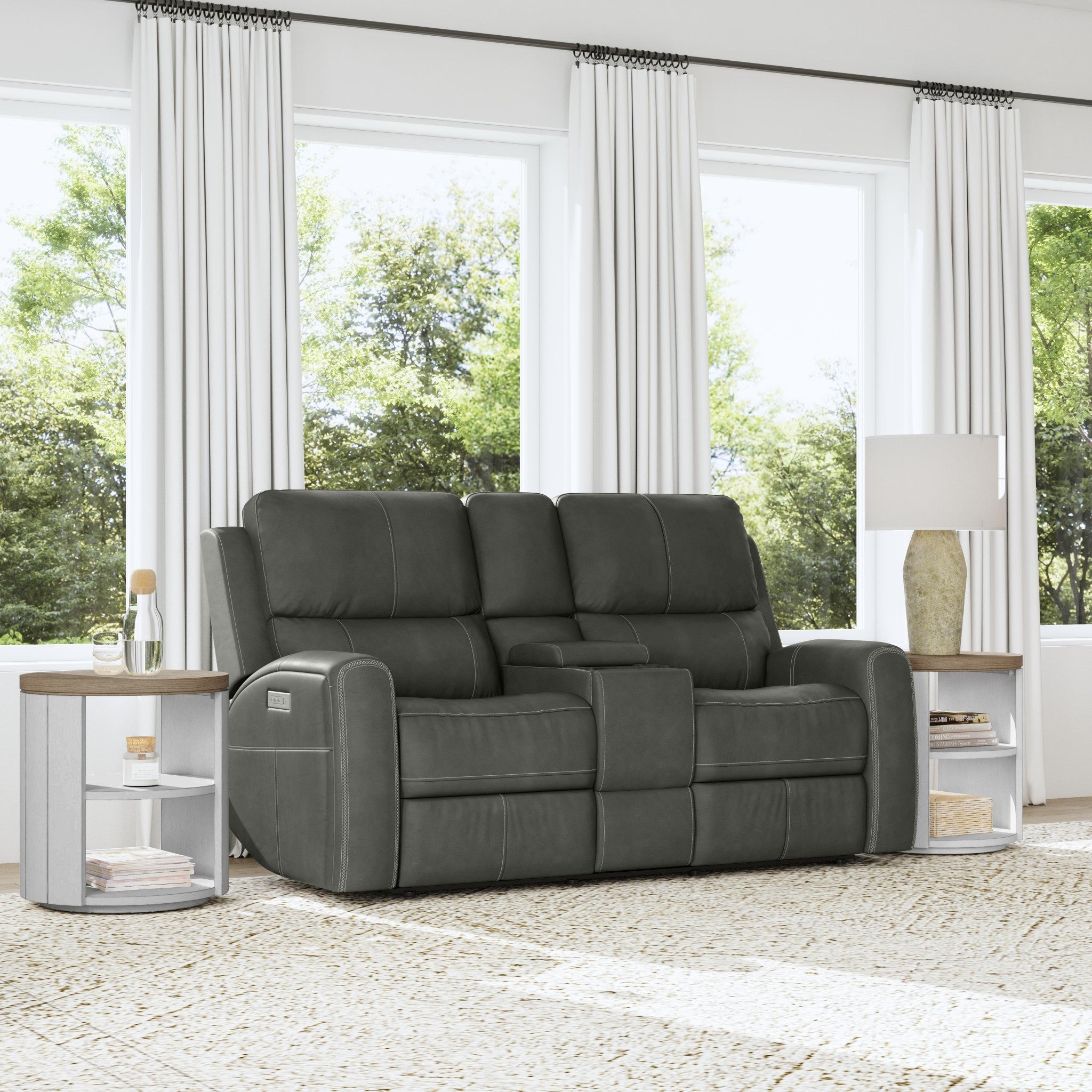 Linden Charcoal Leather Power Reclining Loveseat with Console & Power Headrests & Lumbar