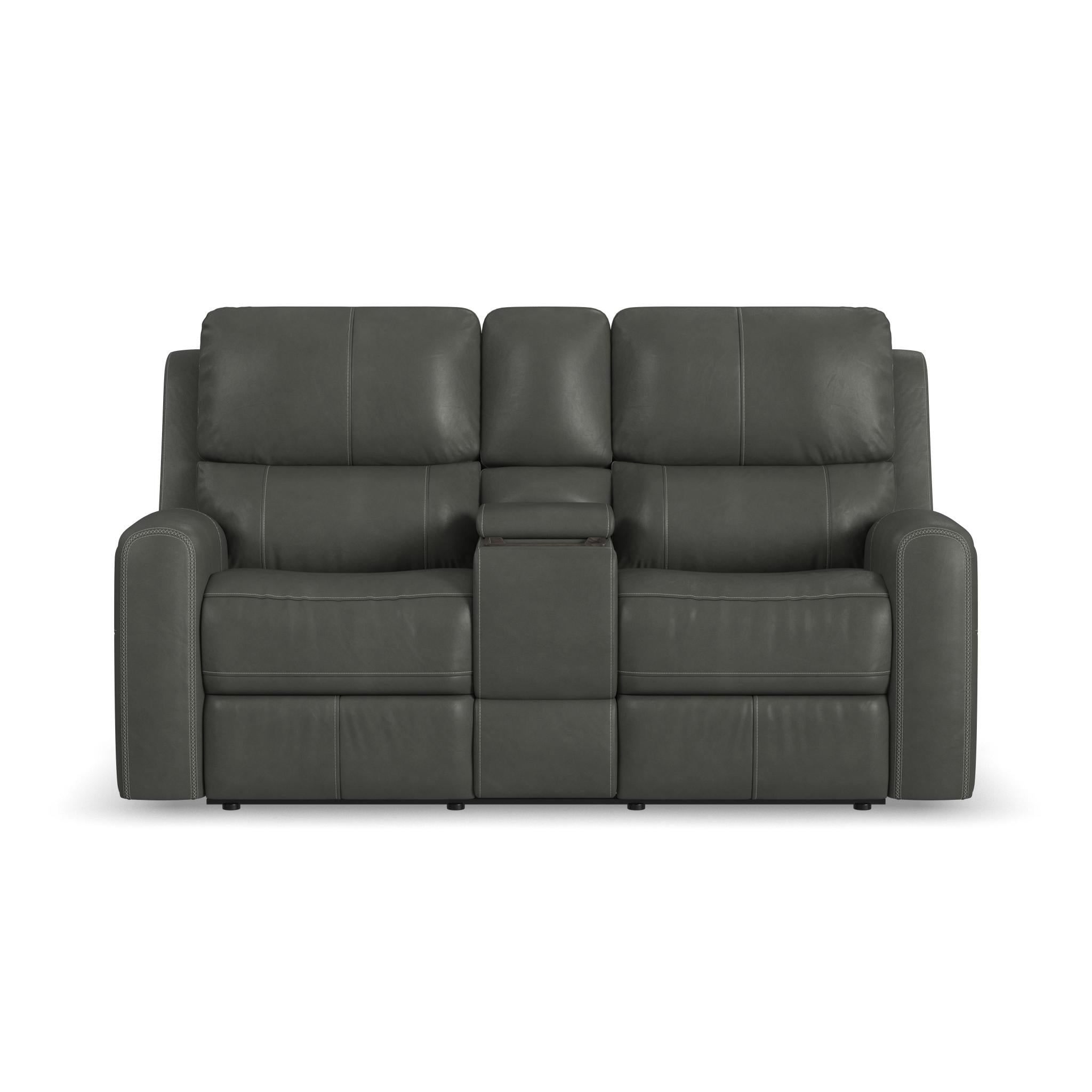 Linden Charcoal Leather Power Reclining Loveseat with Console & Power Headrests & Lumbar