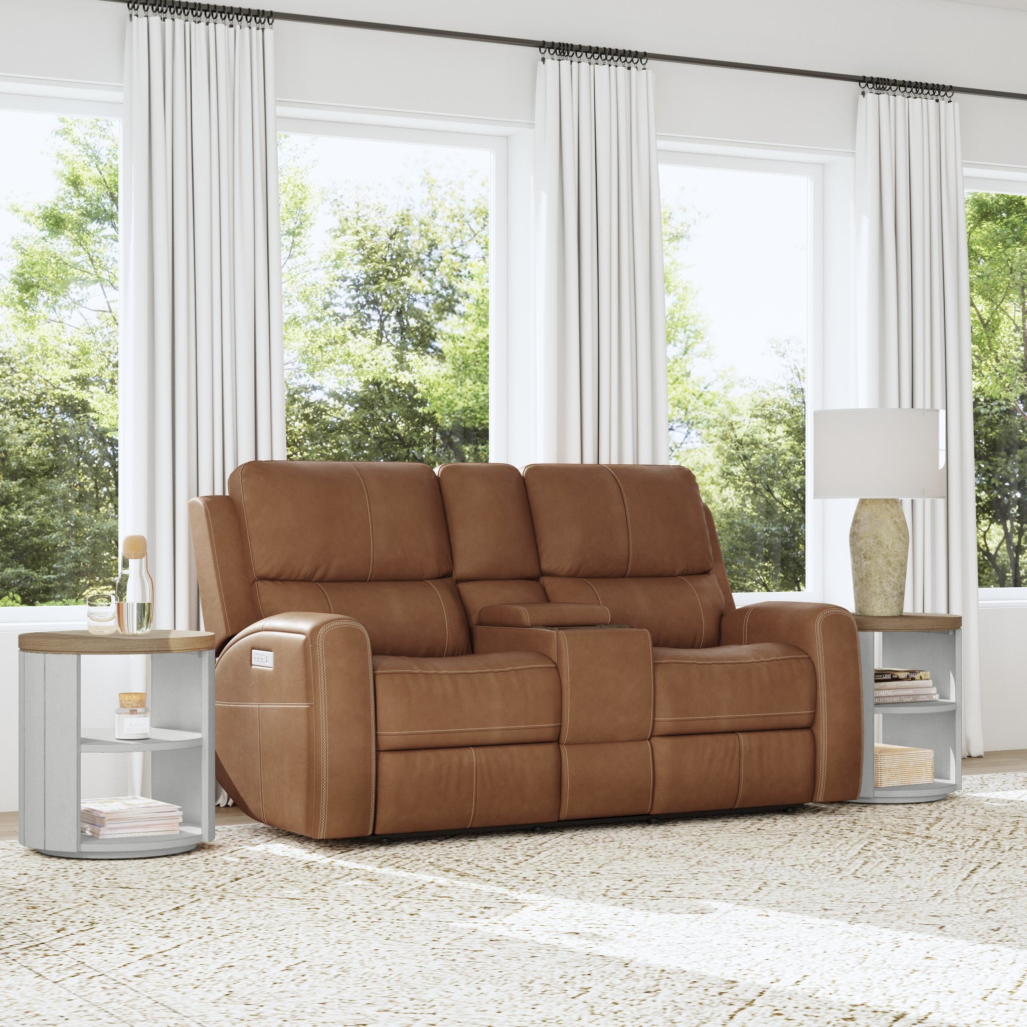 Linden Caramel Leather Power Reclining Loveseat with Console & Power Headrests & Lumbar