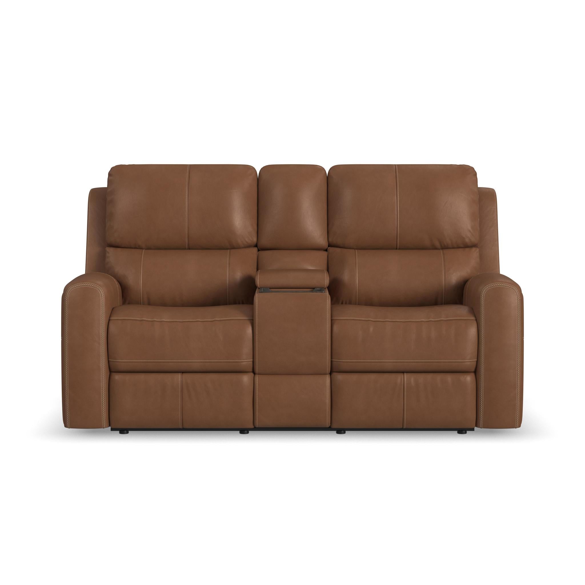 Linden Caramel Leather Power Reclining Loveseat with Console & Power Headrests & Lumbar