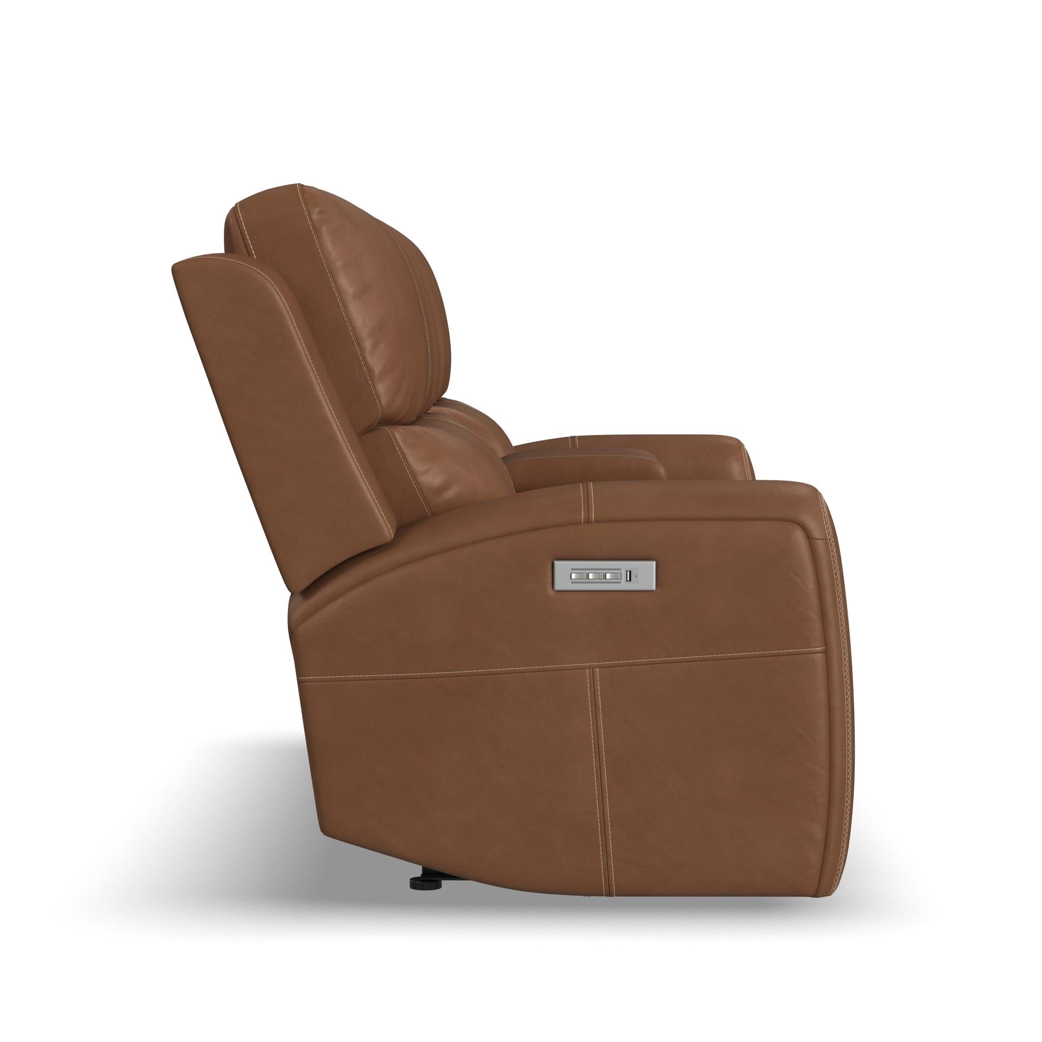 Linden Caramel Leather Power Reclining Loveseat with Console & Power Headrests & Lumbar