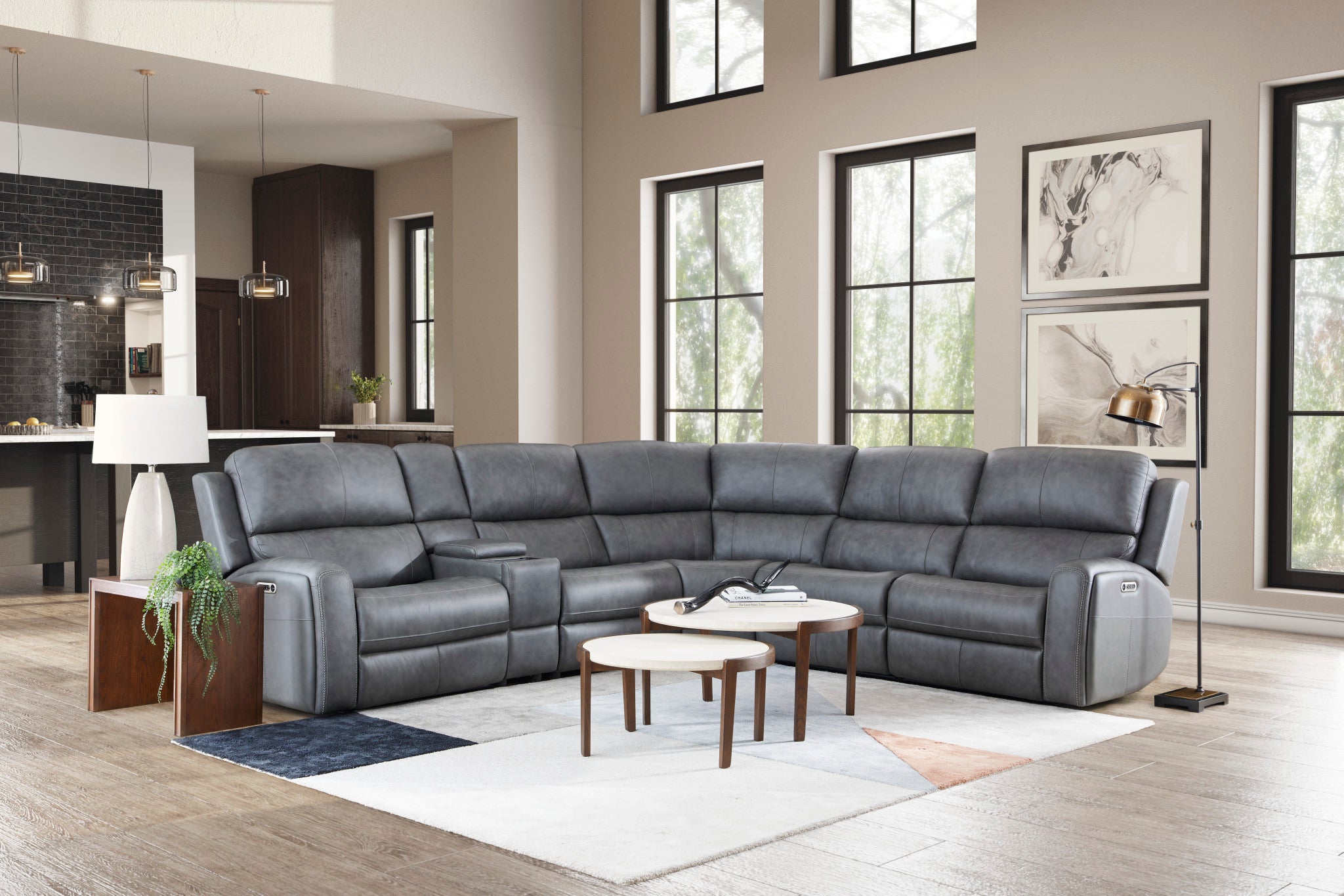 Linden Charcoal Leather Power Reclining Sectional with Power Headrest & Lumbar