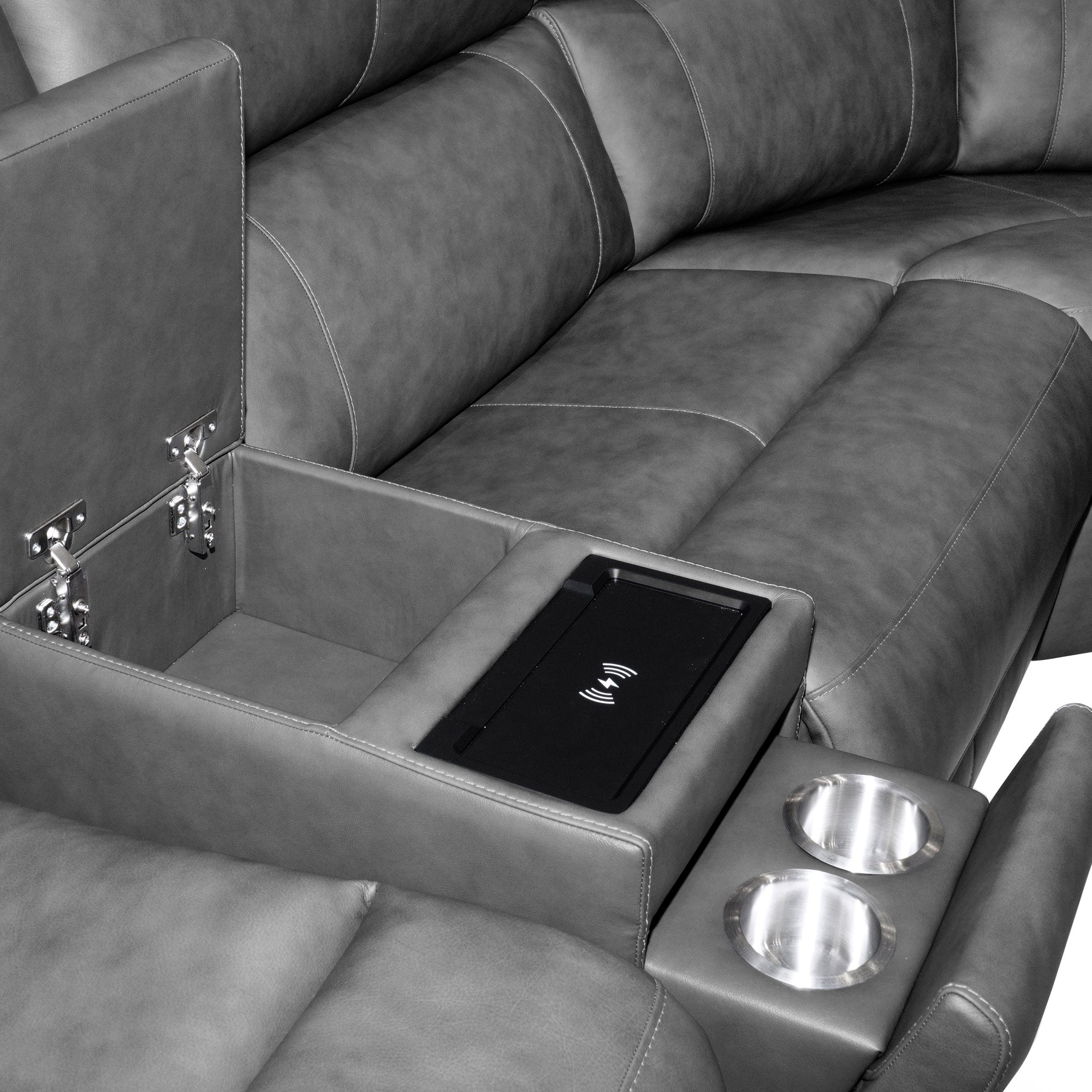 Linden Charcoal Leather Power Reclining Sectional with Power Headrest & Lumbar