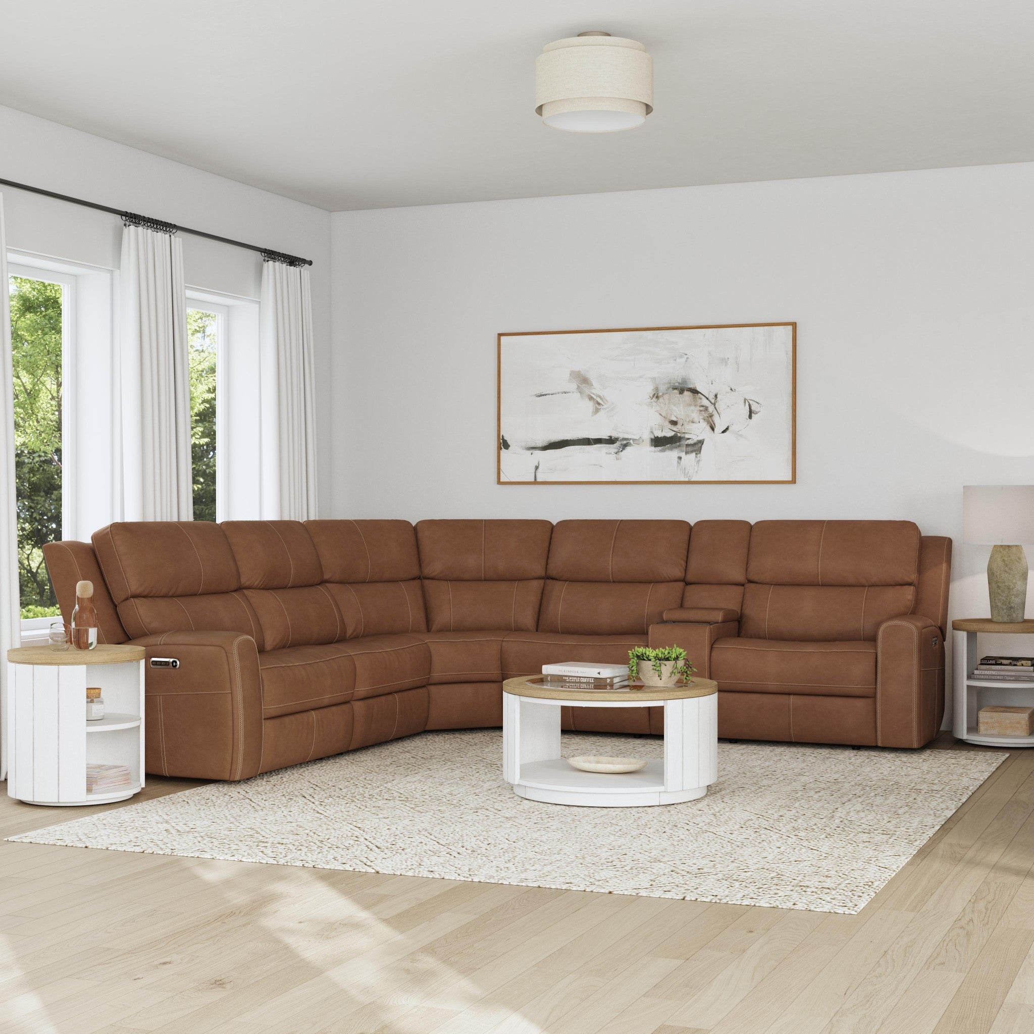 Linden Caramel Leather Power Reclining Sectional with Power Headrests & Lumbar