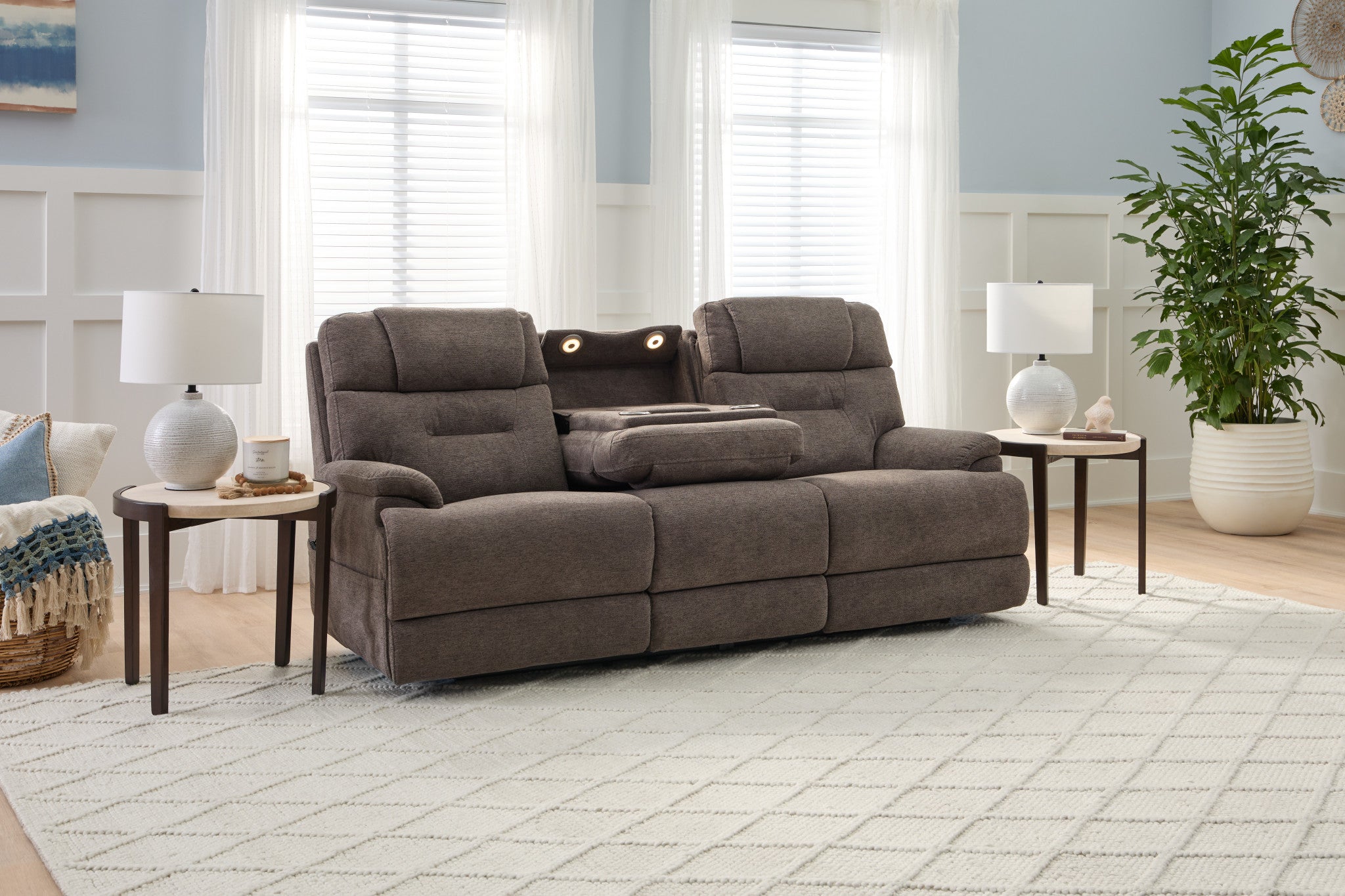 Zecliner Zofa Umber Fabric Power Sleep Sofa with Power Headrests & Lumbar