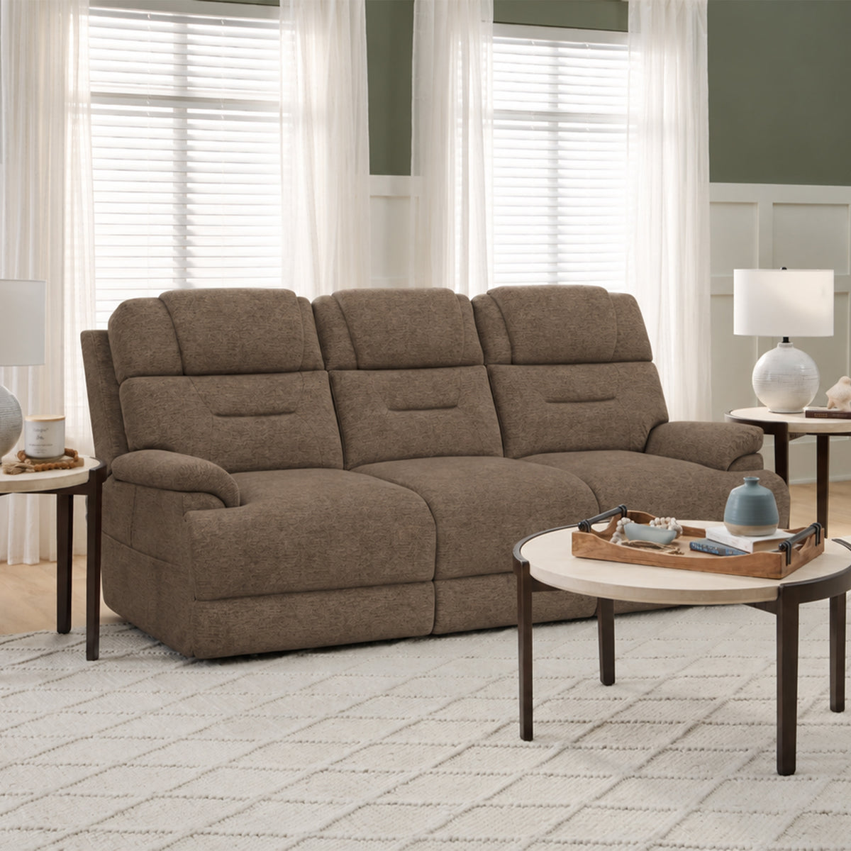 Zecliner Zofa Toast Fabric Power Reclining Sofa with Console, Power Headrest, Lumbar, Heat & Massage