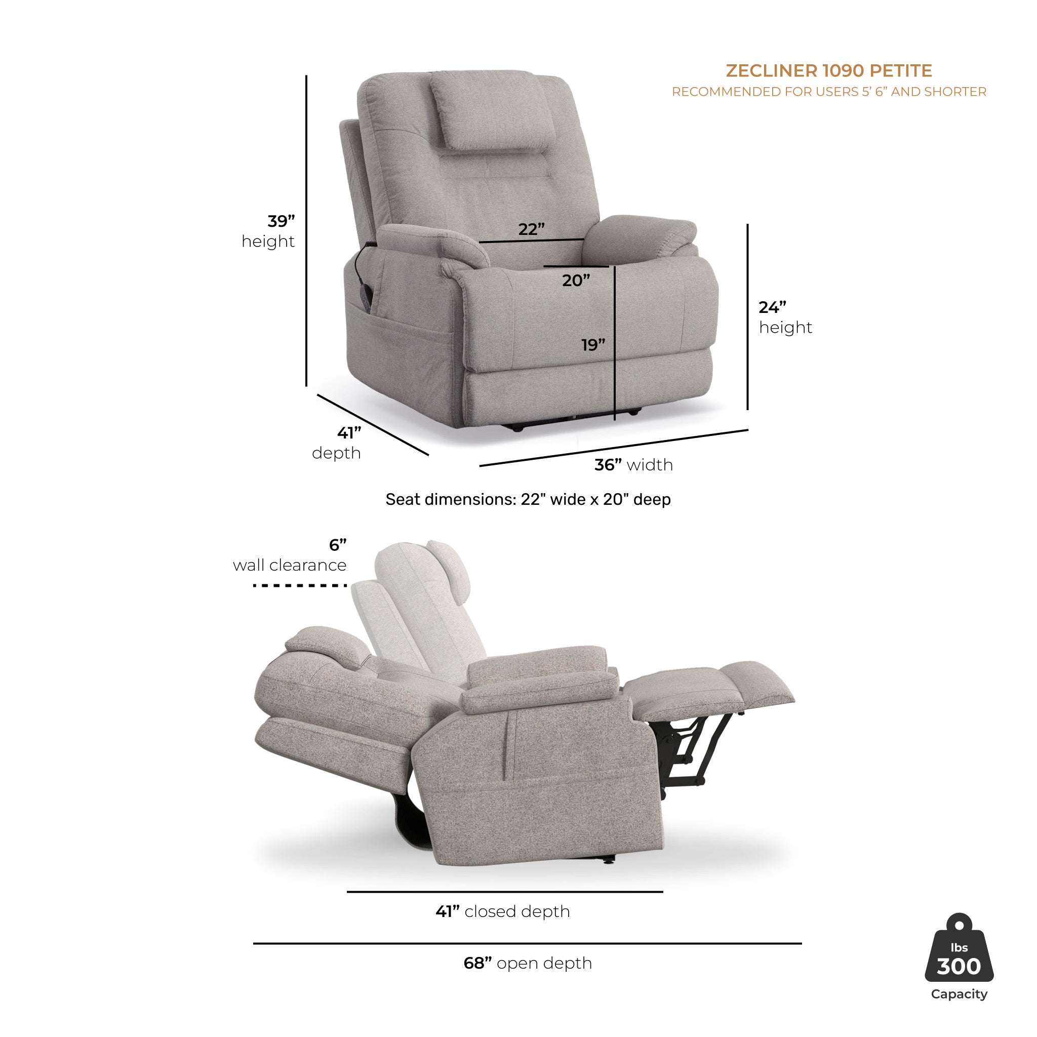 Zecliner Model 2 Petite Dove Fabric Power Sleep Recliner with Power Headrest & Lumbar