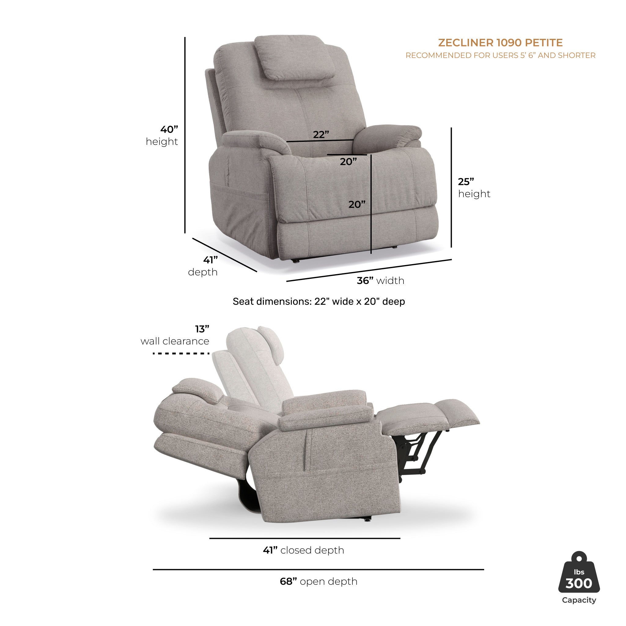Zecliner Model 2 Petite Dove Fabric Power Lift Sleep Recliner with