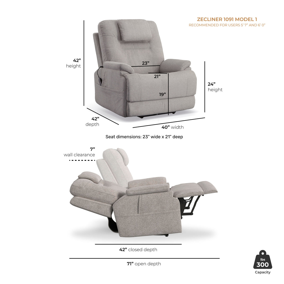 Zecliner Model 1 Dove Fabric Power Sleep Recliner with Power Headrest & Lumbar