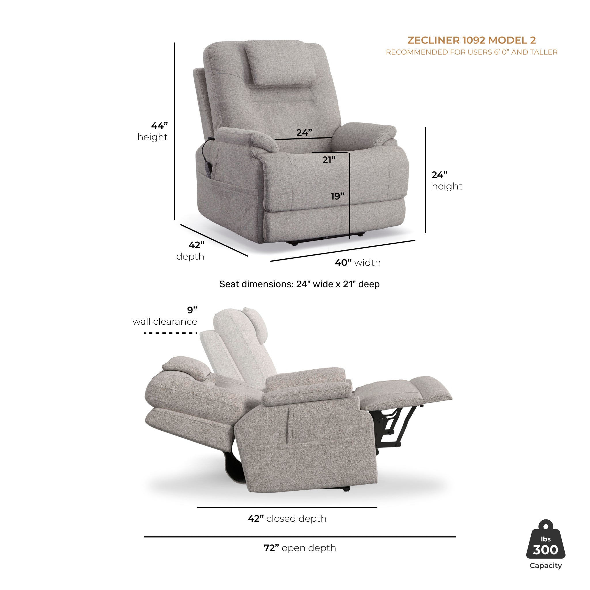 Zecliner Model 2 Dove Fabric Power Sleep Recliner with Power Headrest & Lumbar