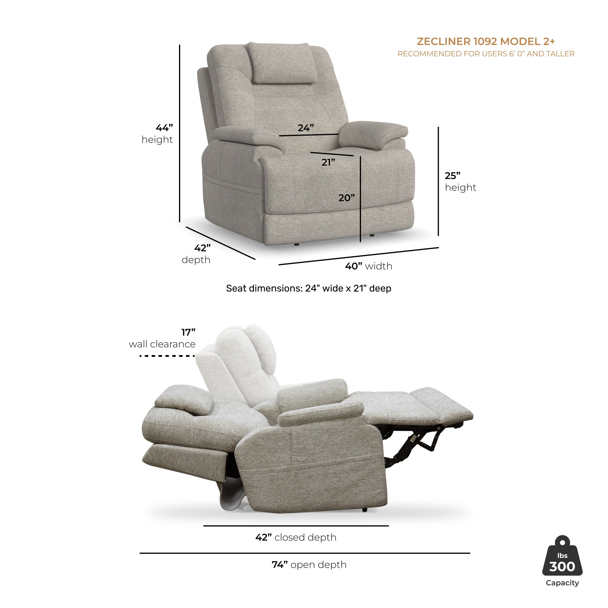 Zecliner Model 2+ Fabric Power Lift Sleep Recliner with Power Headrest, Lumbar, Heat & Massage