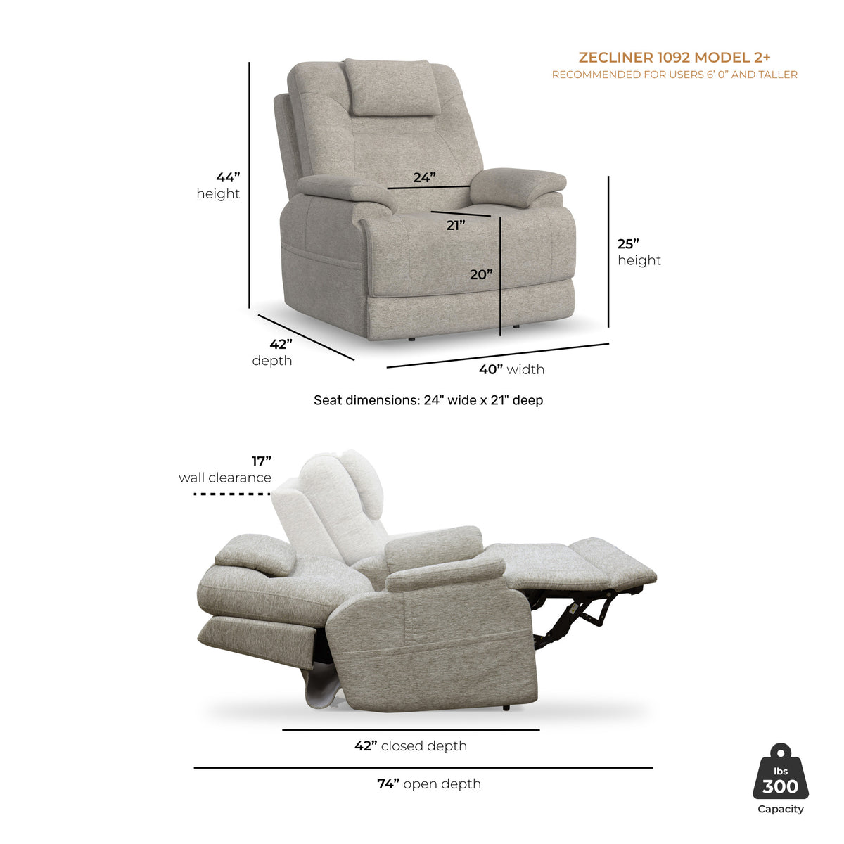Zecliner Model 2+ Fabric Power Lift Sleep Recliner with Power Headrest, Lumbar, Heat & Massage