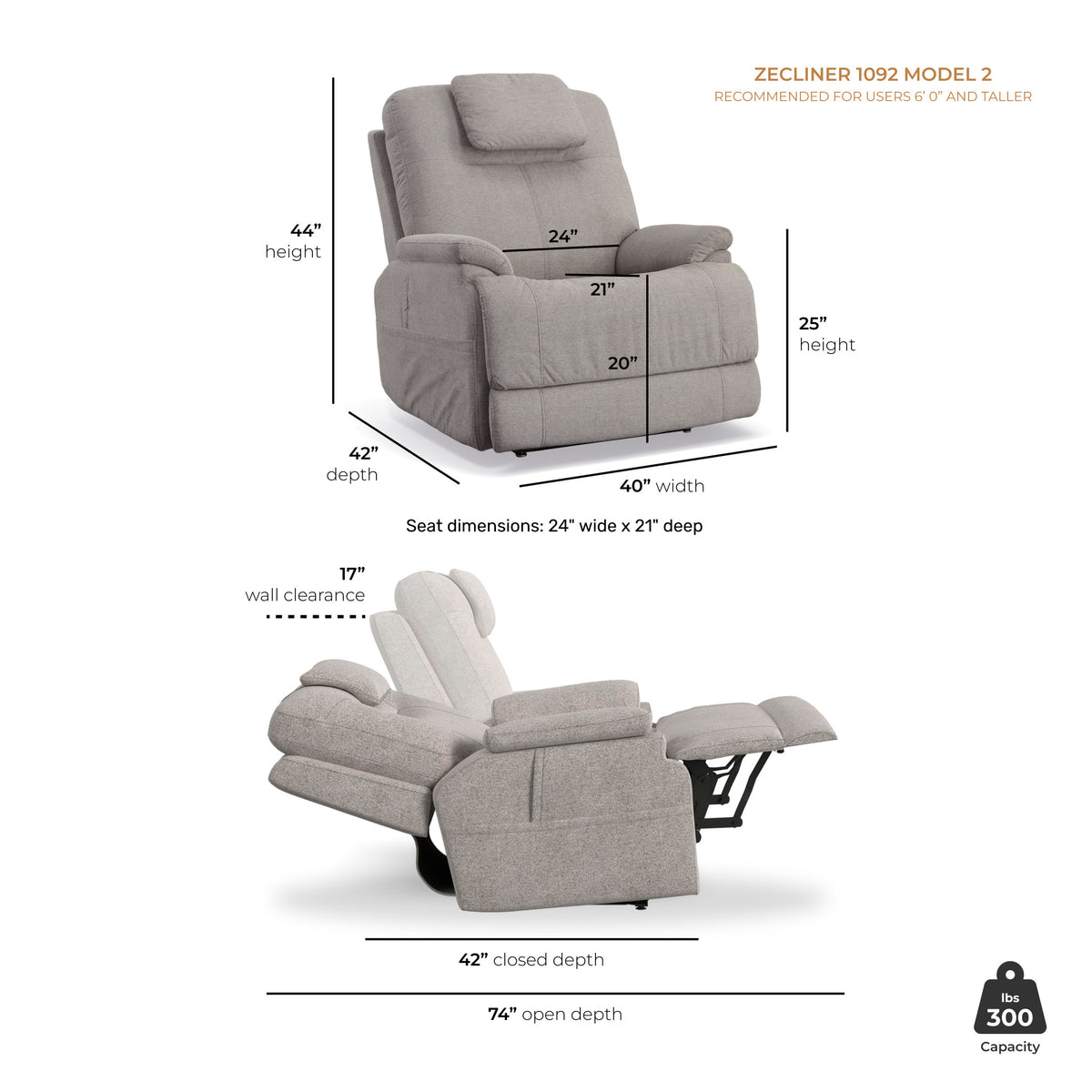 Zecliner Model 2 Dove Fabric Power Lift Sleep Recliner with Power Headrest & Lumbar