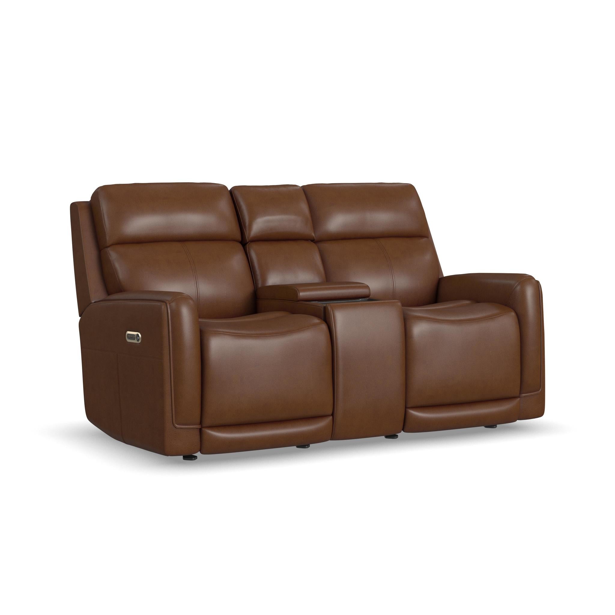 Alister Leather Power Gliding Loveseat with Console, Power Headrests & Lumbar